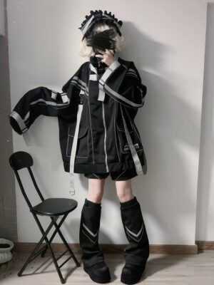 Black oversized Jirai Kei punk techwear jacket set with reflective stripes full-body mirror view black leg warmers maid accessory