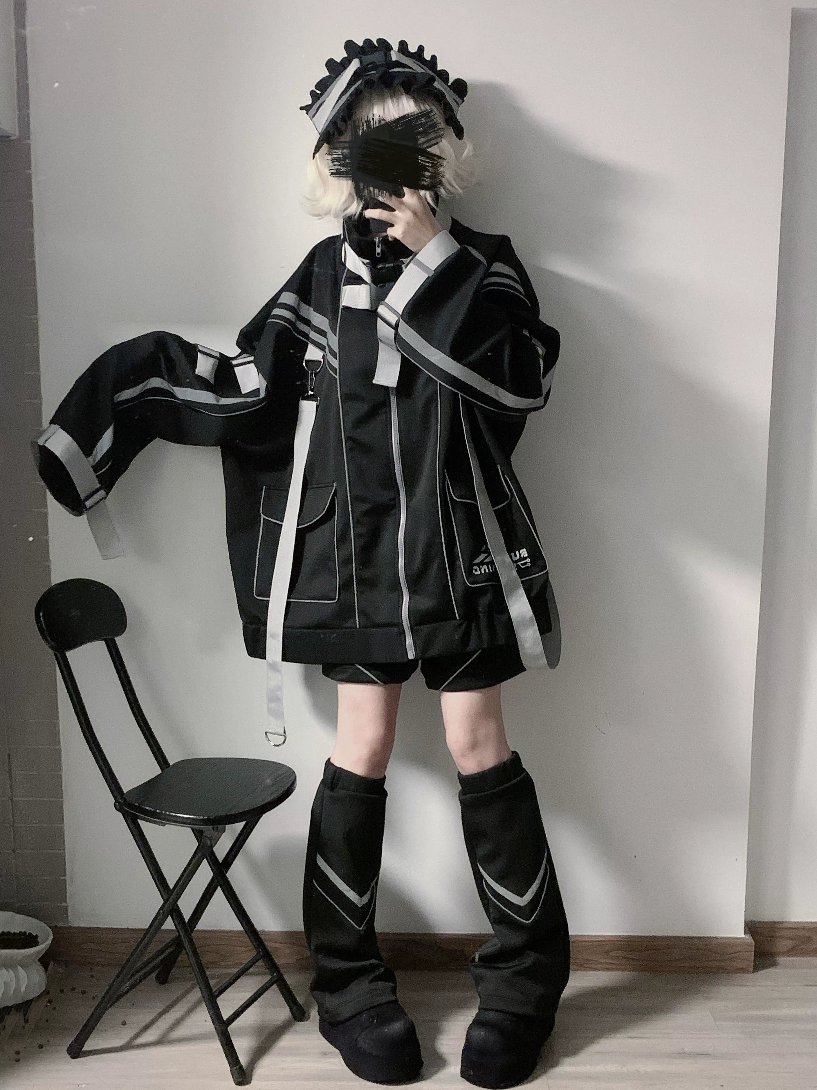Black oversized Jirai Kei punk techwear jacket set with reflective stripes full-body mirror view black leg warmers maid accessory