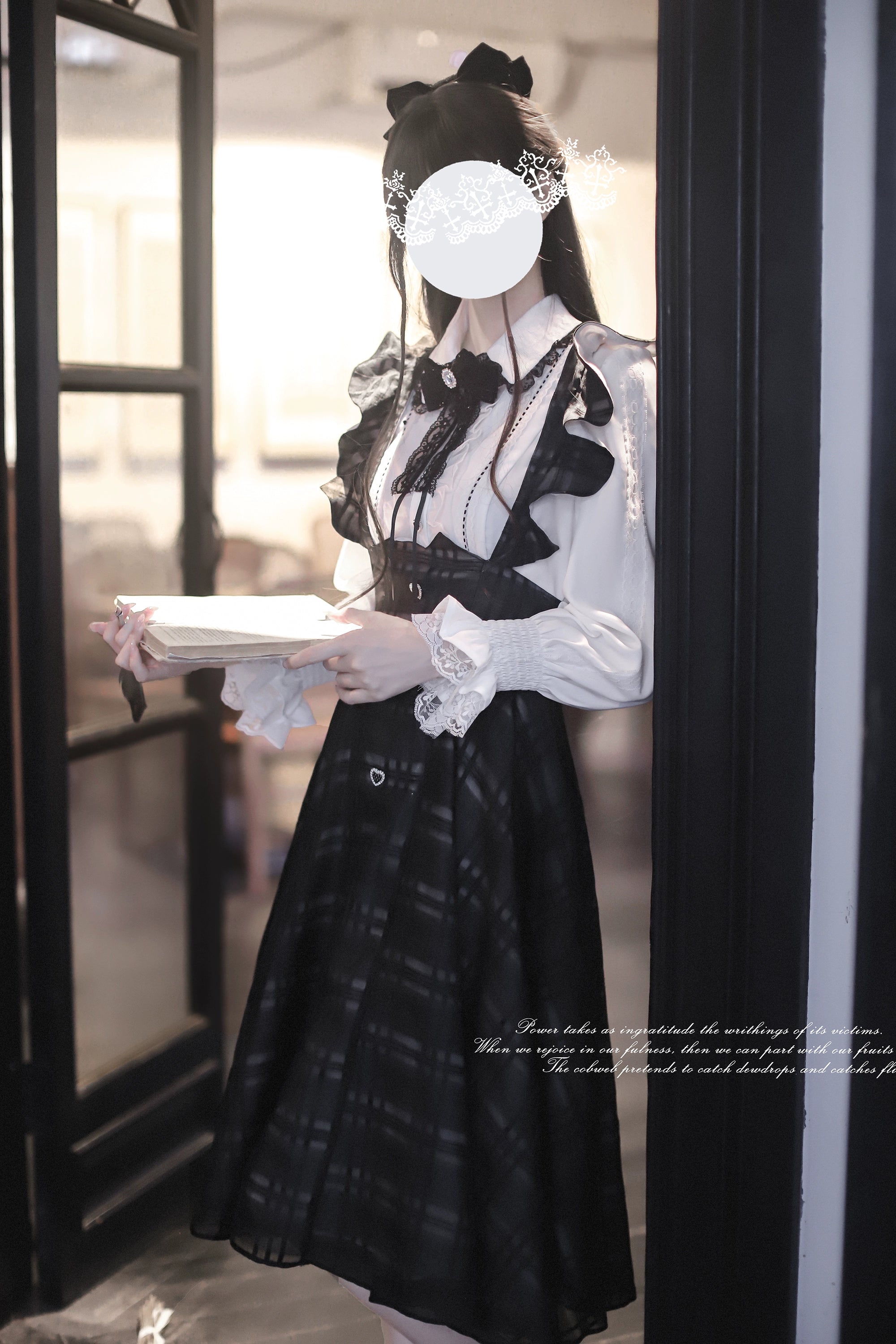 Seiso Kei lace-trimmed blouse with delicate collar detail and beautiful flared cuffs, model full-body view at vintage indoor glass door setting holding book prop