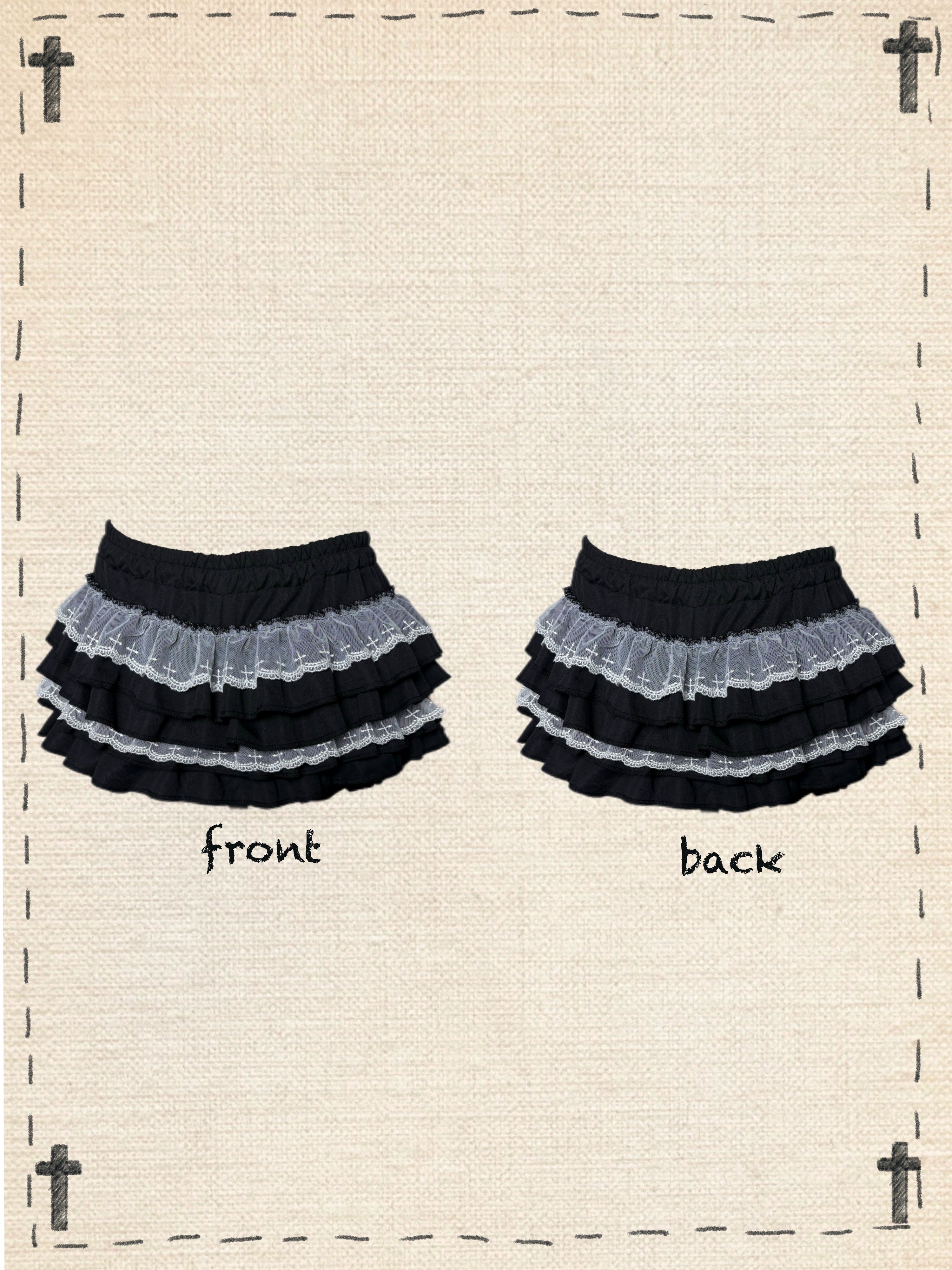 Gothic doll Jirai Kei black bloomers one size ruffle tiers elastic waist cross pattern detail