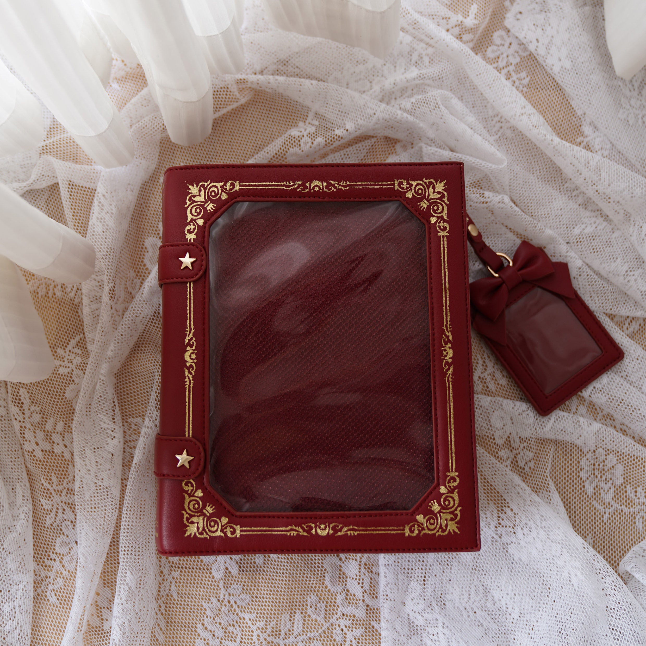 Burgundy red vintage grimoire Jirai Kei ita crossbody bag with gold antique border and matching burgundy bow pouch