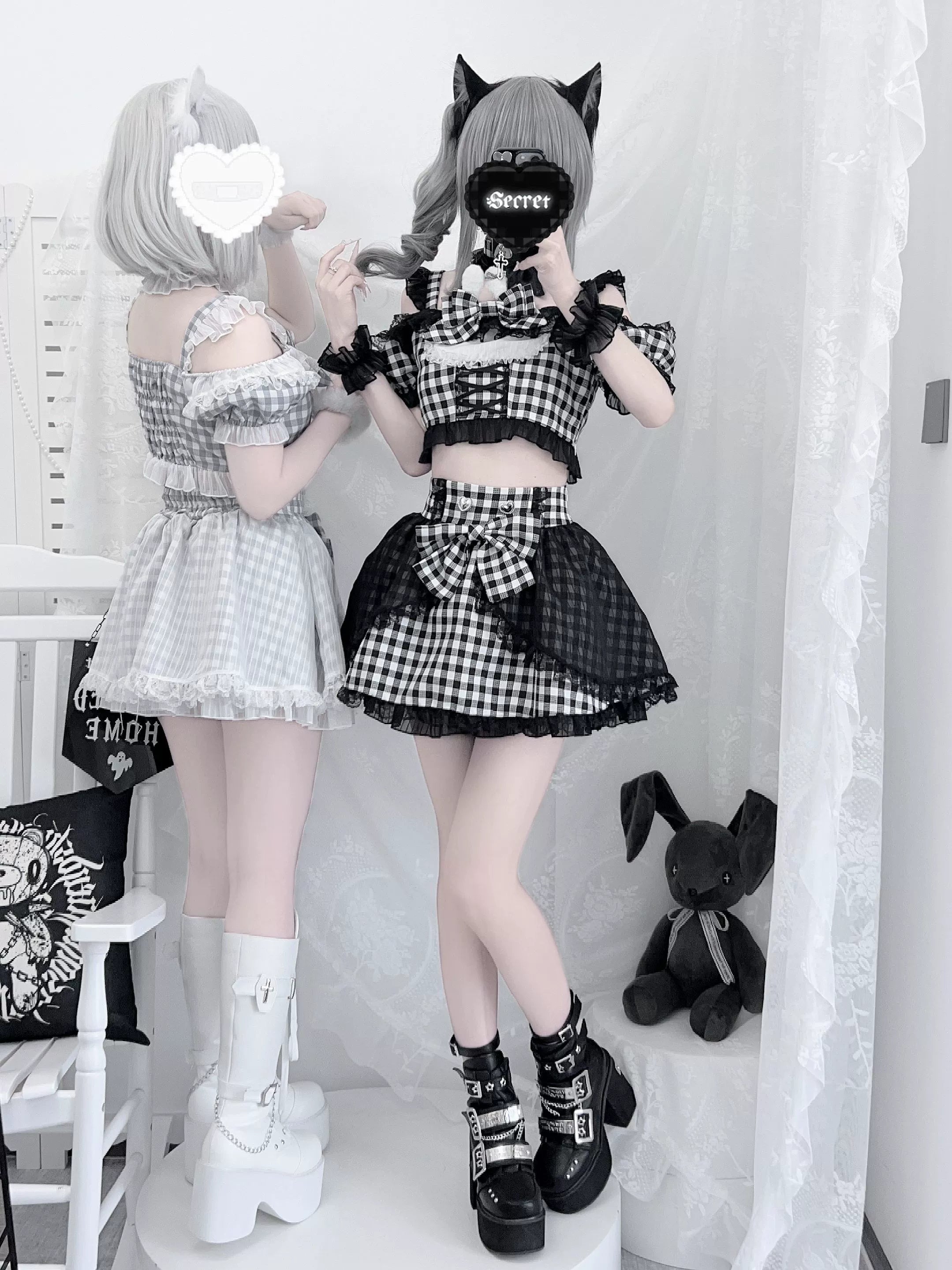 Jirai kei stage outfit front profile showing off-shoulder blouse with bunny ears detachable bow and plaid pattern details