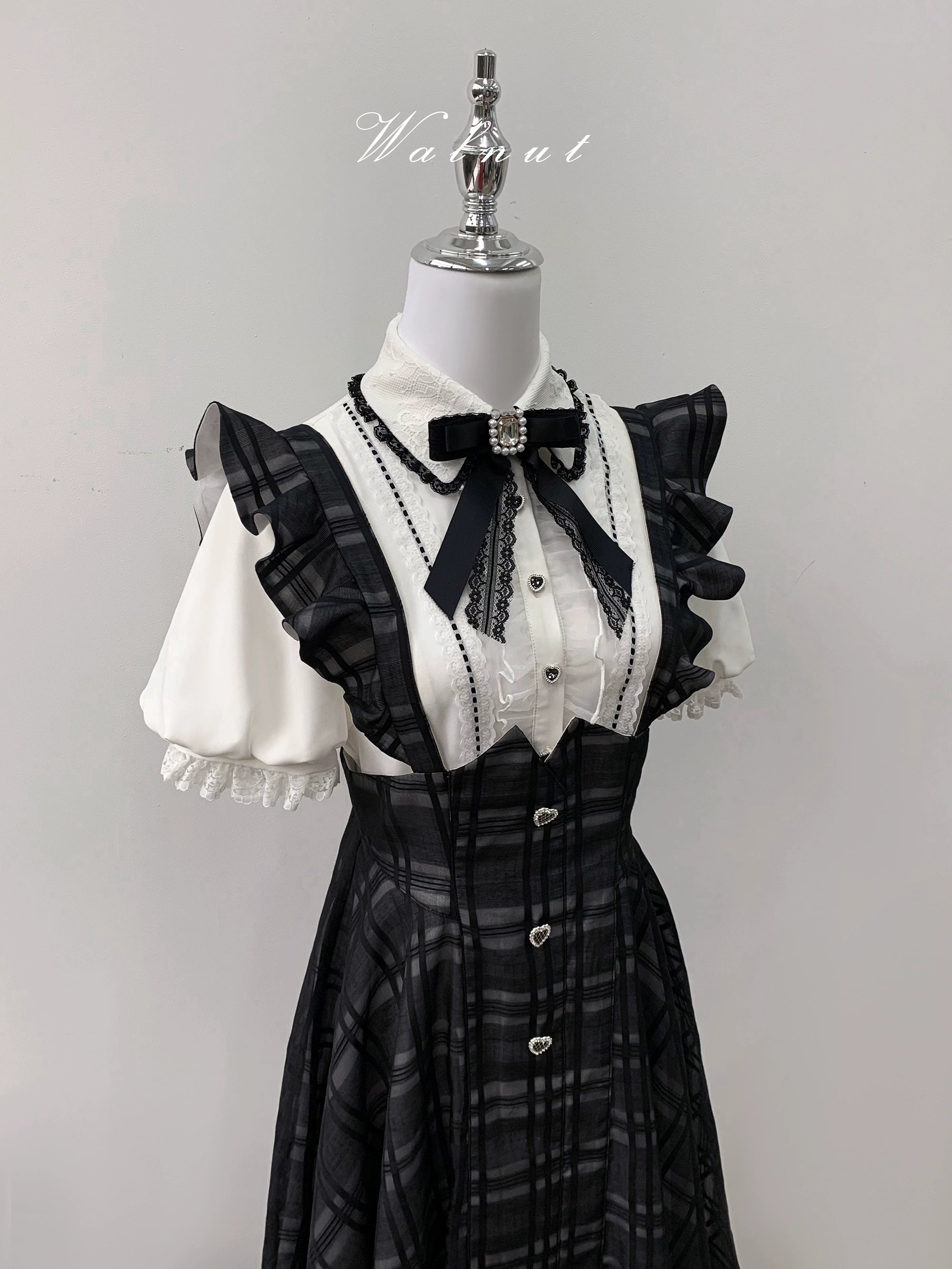 Black Plaid Jirai Kei Suspender Skirt, White Blouse - Image 23