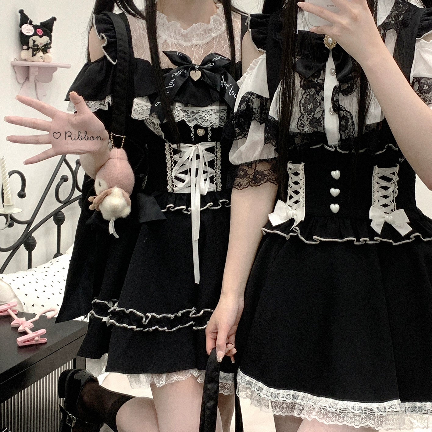 Pink and black Jirai Kei lace blouse side styling view, cold-shoulder silhouette with complete outfit coordination