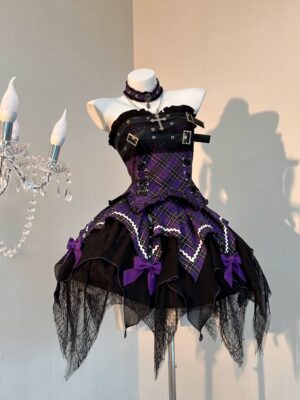 Purple and black tartan gothic lolita ensemble on dress form featuring off-shoulder corset top with leather buckle details and multi-tiered skirt with irregular hemline and purple bows