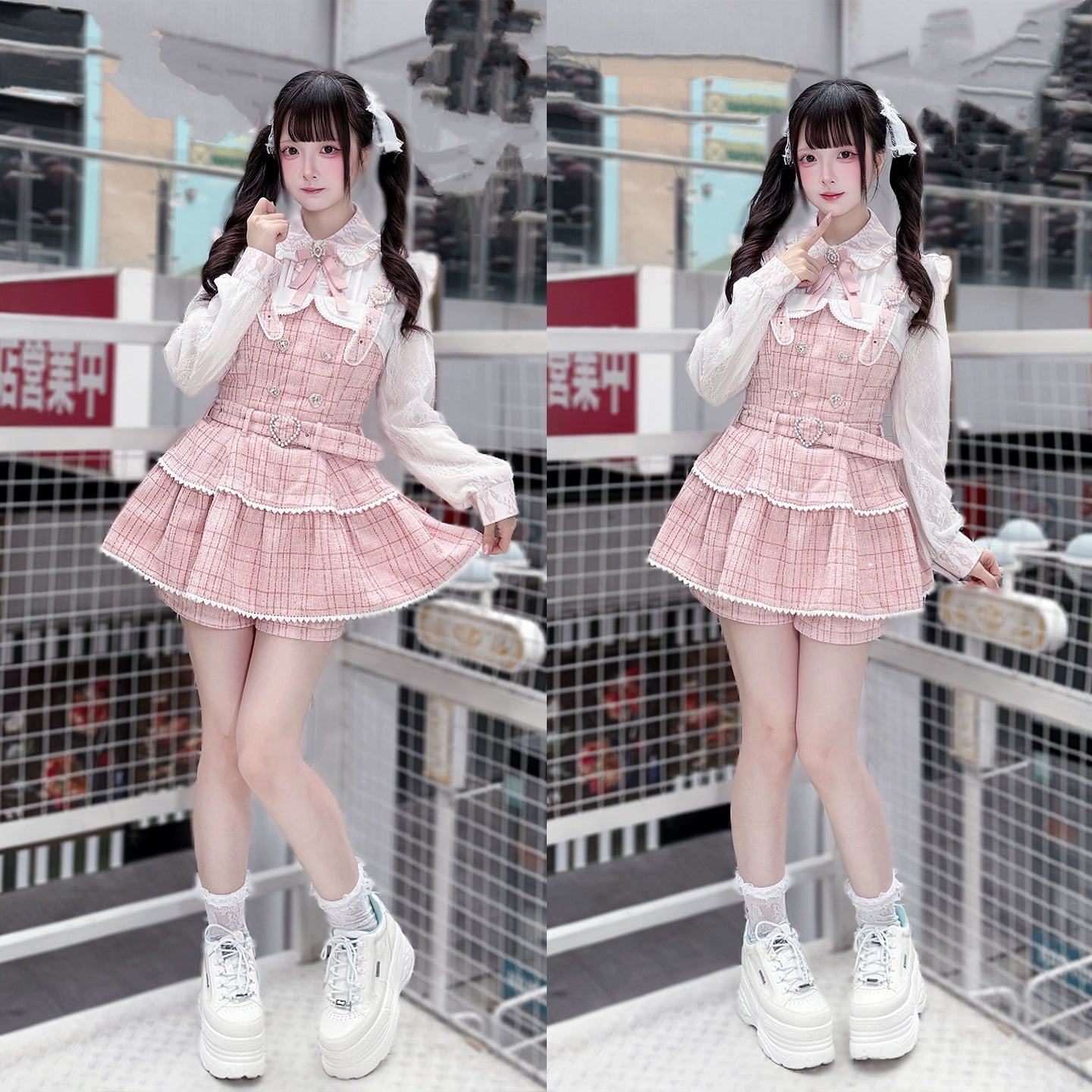 Black Jirai Kei suspender skirt with platform boots and knee-high socks, complete outfit aesthetic styling