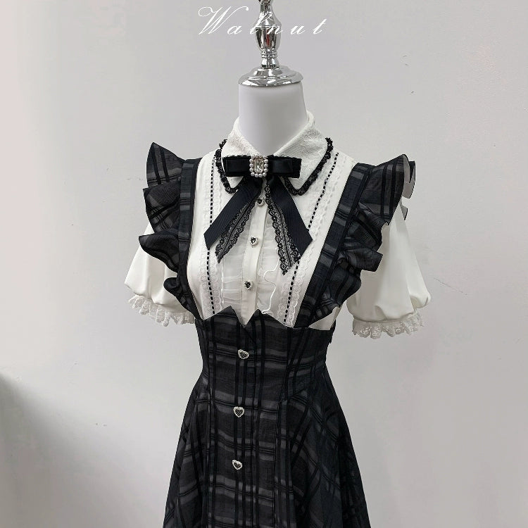 Black Plaid Jirai Kei Suspender Skirt, White Blouse - Image 27