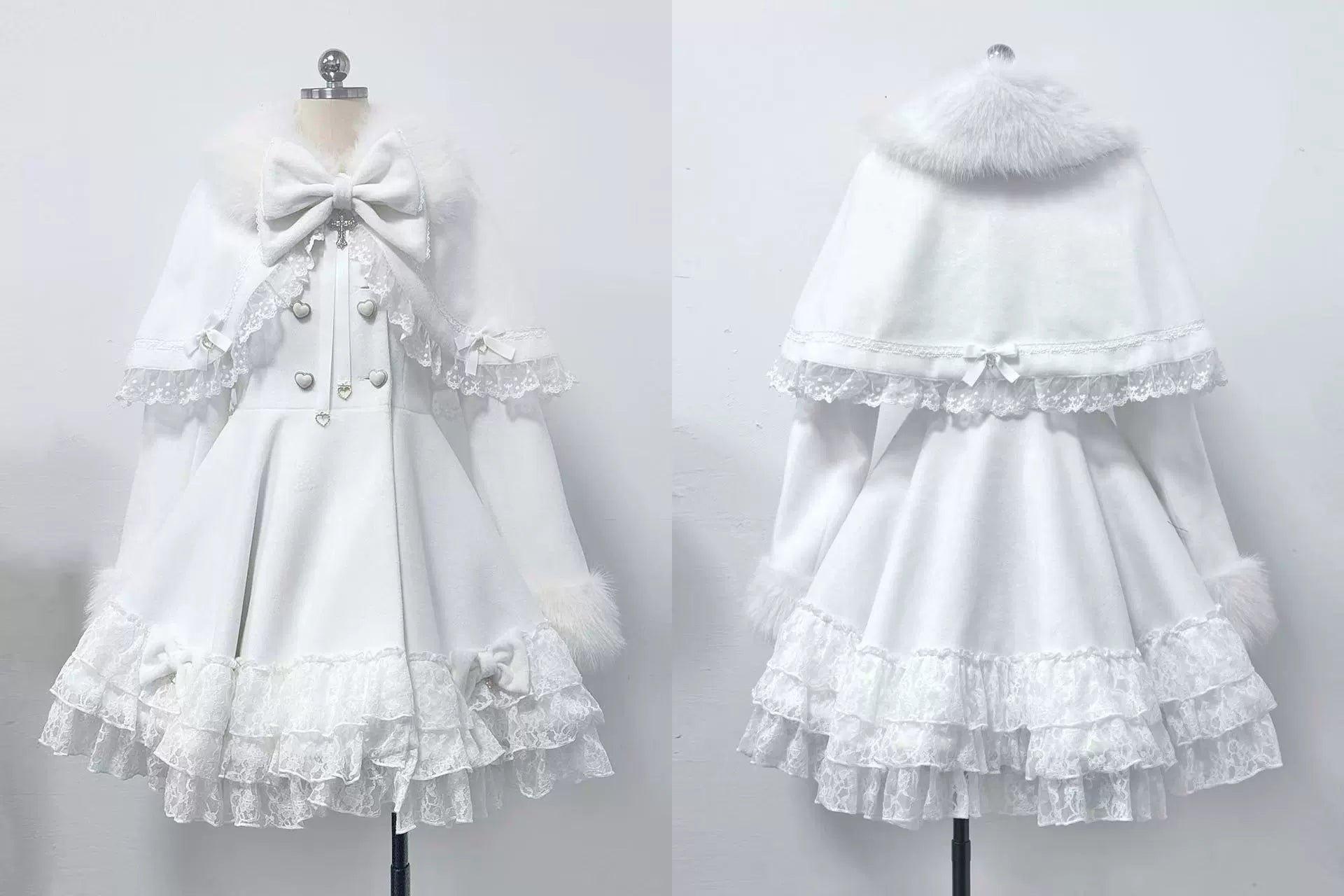 White Jirai Kei detachable cape coat full presentation showing all design elements, lace trim, bow ornaments, and cape attachment mechanism