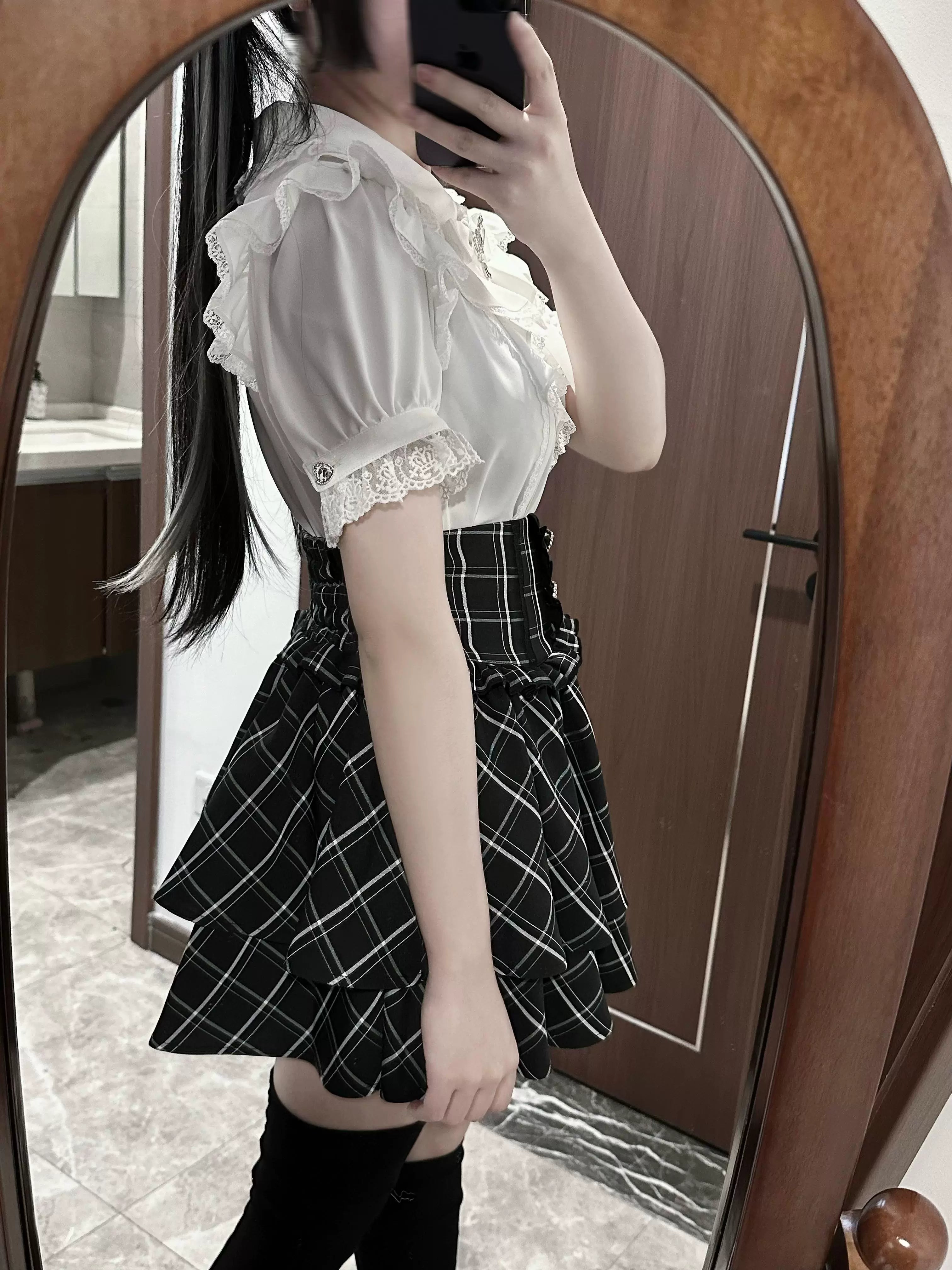 Jirai kei tiered skirt fabric texture detail, 100 percent polyester material, wrinkle-resistant vibrant color, close-up quality view