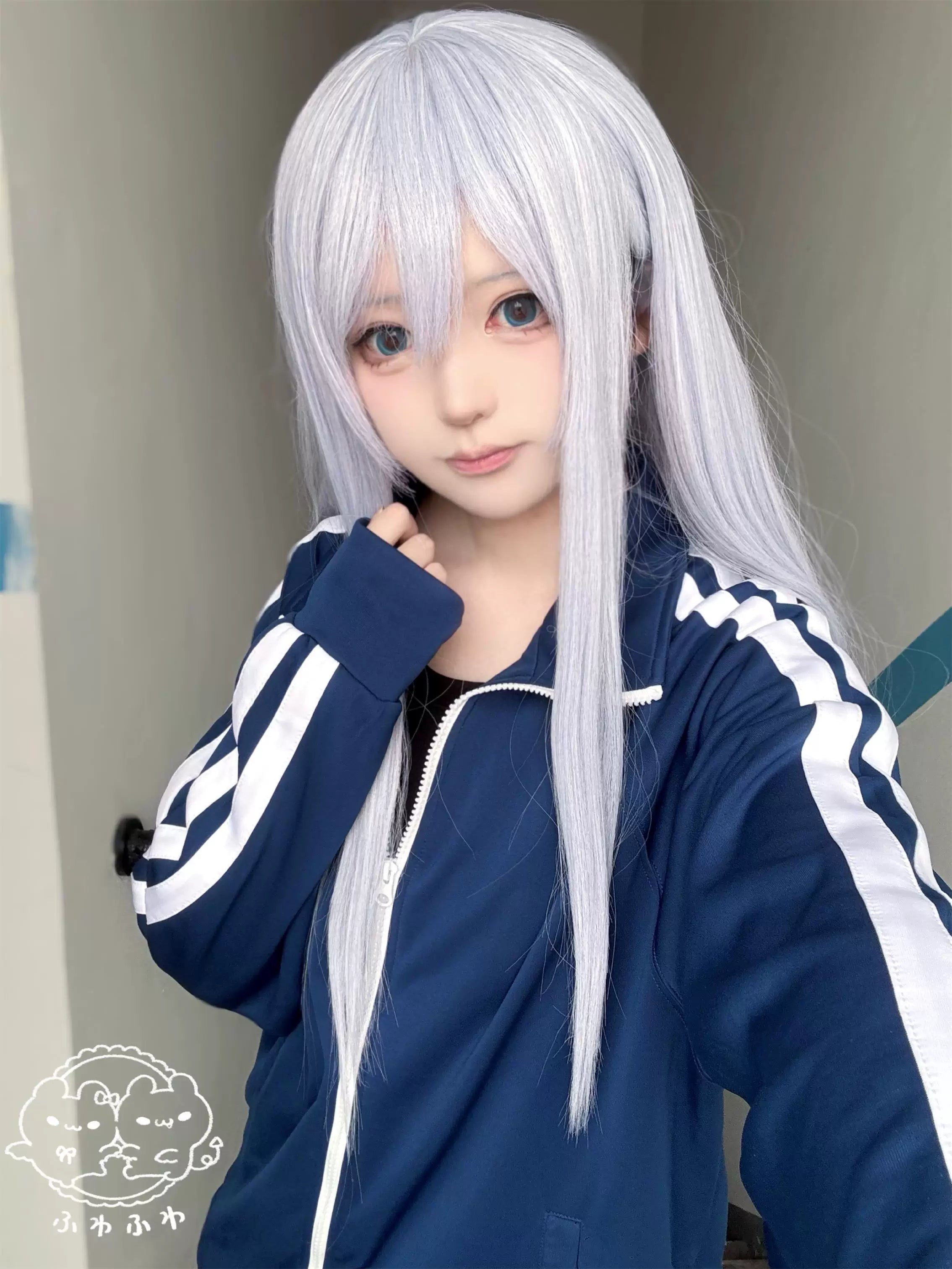 Basic navy Jirai Kei sports jacket with white sleeve stripe details and small name tag patch, worn by silver long-haired model in casual selfie, relaxed fit aesthetic, indoor home scene
