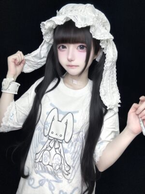 Tenshi Kaiwai bunny print oversized cotton t-shirt front view with cute cartoon bunny graphic and lace-trimmed short sleeves close-up detail