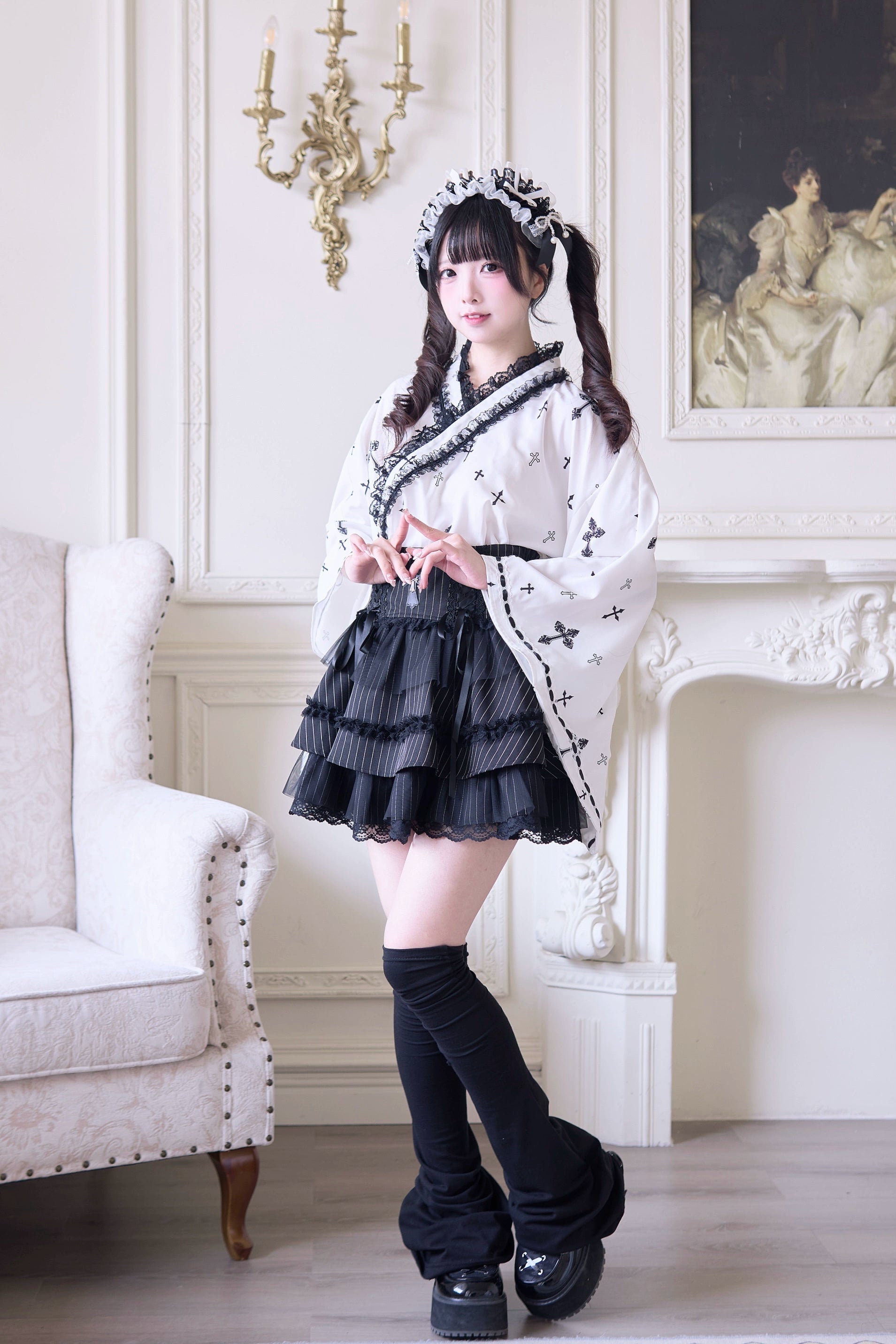 Complete three-piece Jirai Kei outfit layout showing blouse, ruffle skirt, and wide obi belt components available for separate or bundled purchase