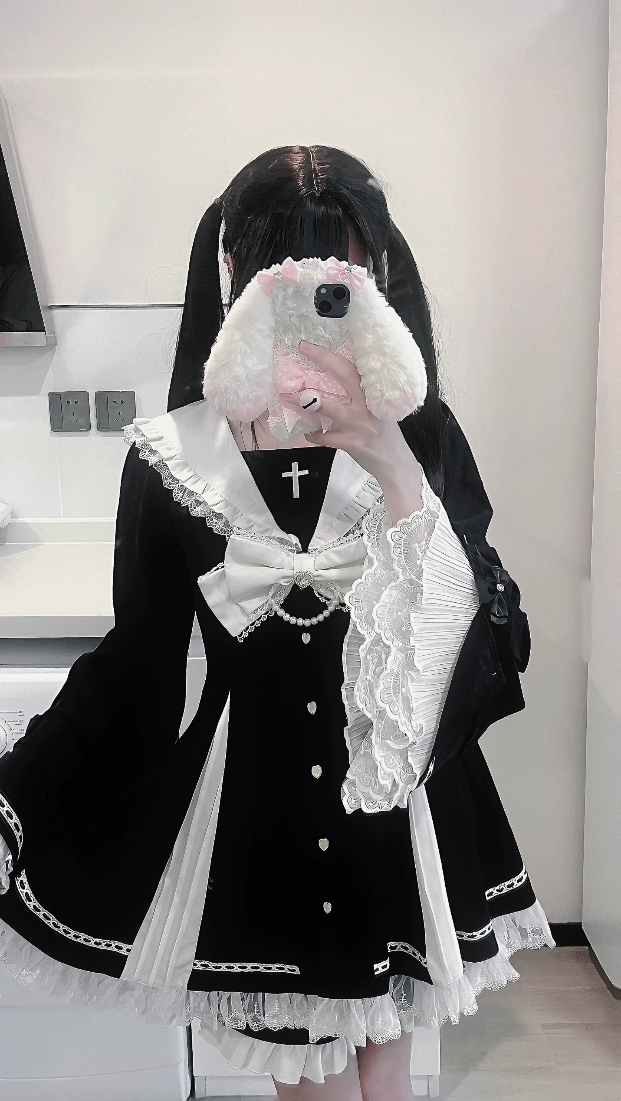 Jirai Kei gothic hime dress with cross accents and lace-up back corset styling, product flat lay showing waist customization and delicate hand-stitched lace details