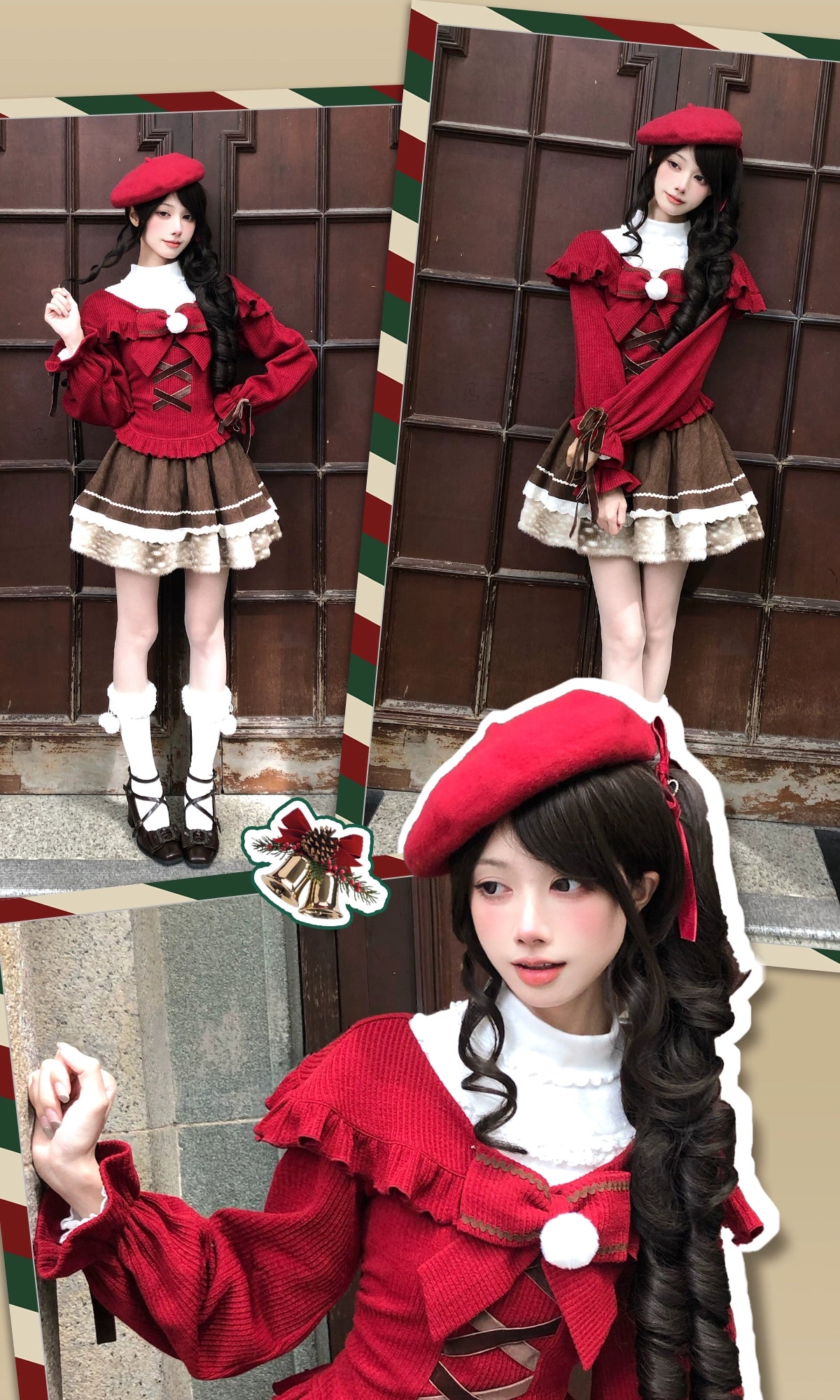 Multi-view composite collage of jirai kei christmas ensemble showing two full-body poses, red sweater close-up details, and coordinated red beret styling