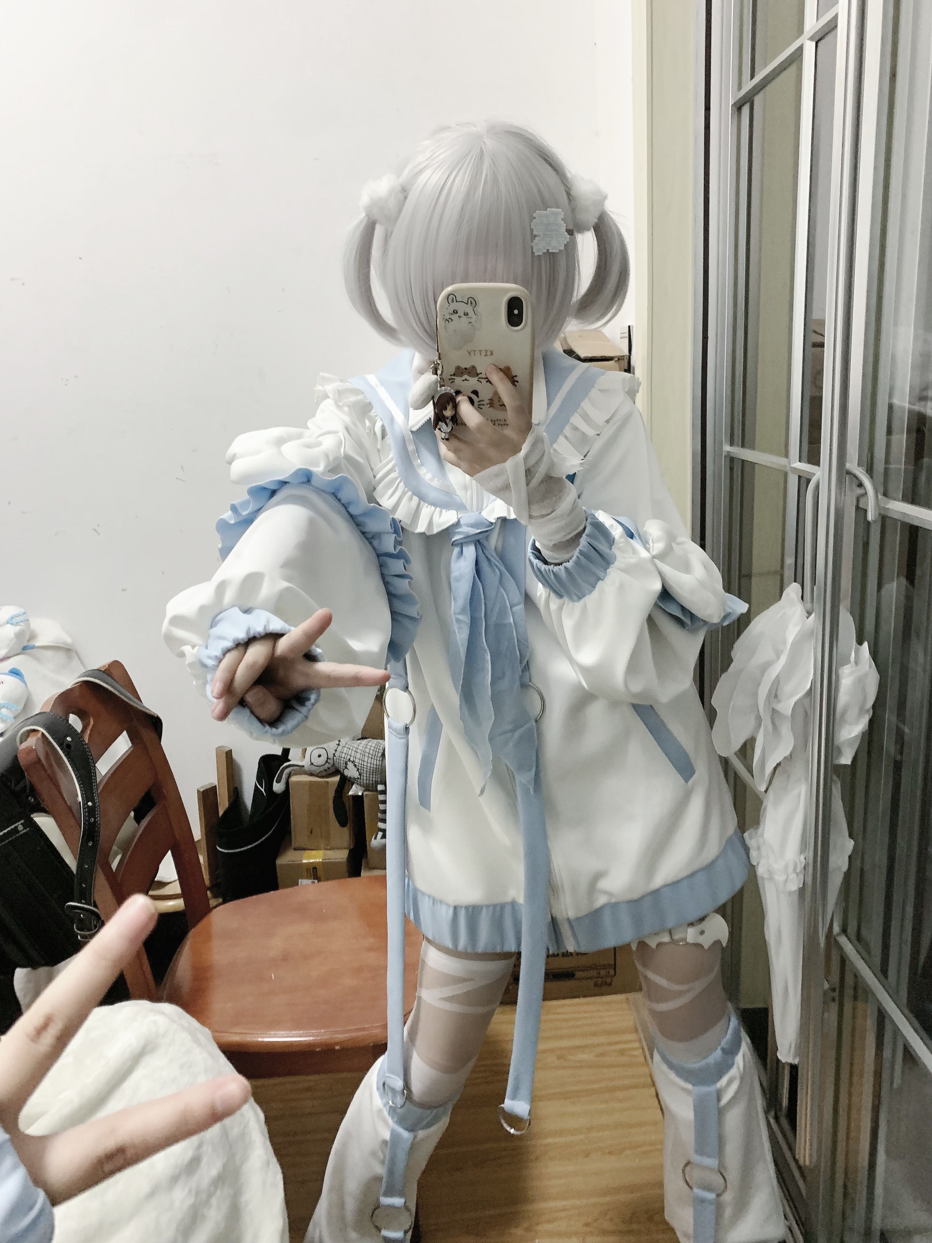 Tenshi Kaiwai sailor jacket ensemble mirror selfie full-body view indoor home setting angelic aesthetic complete outfit