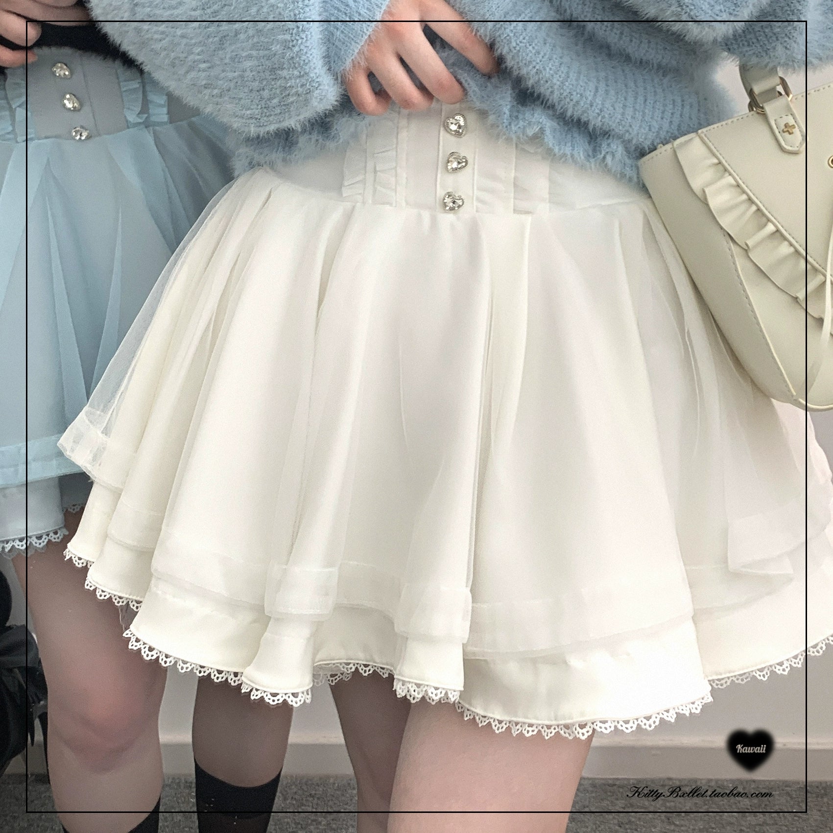 White double-layered tulle Jirai Kei mini skirt product photography showcasing all angles and design details