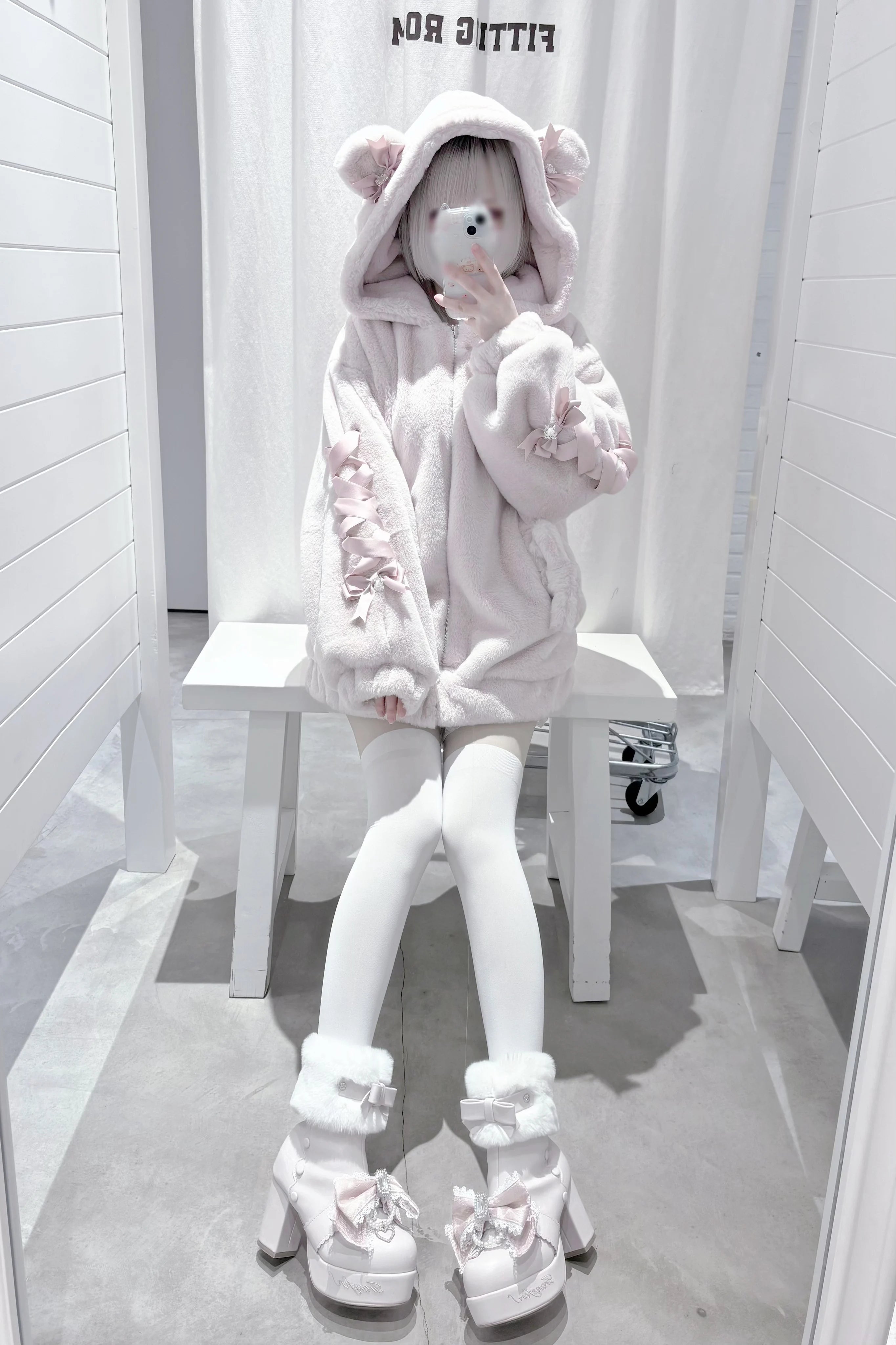 Ryousangata bear ear coat hood up showing bear ears design and fit on head with plush bear ear details