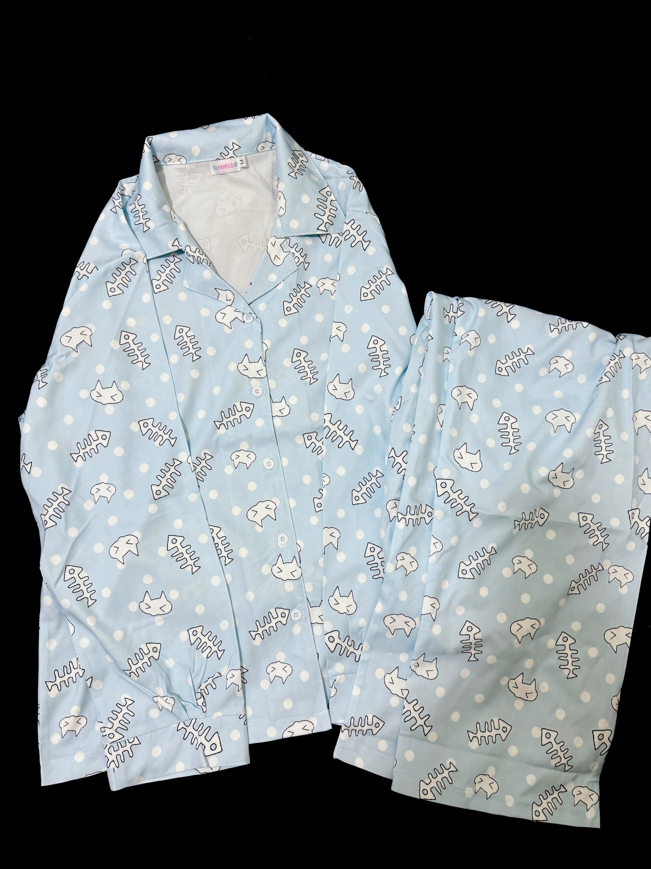 Blue fishbone print Tenshi Kaiwai long-sleeve pajama set with full-length pants, model wearing showcase of comfort and style for tenshi kaiwai aesthetic fashion