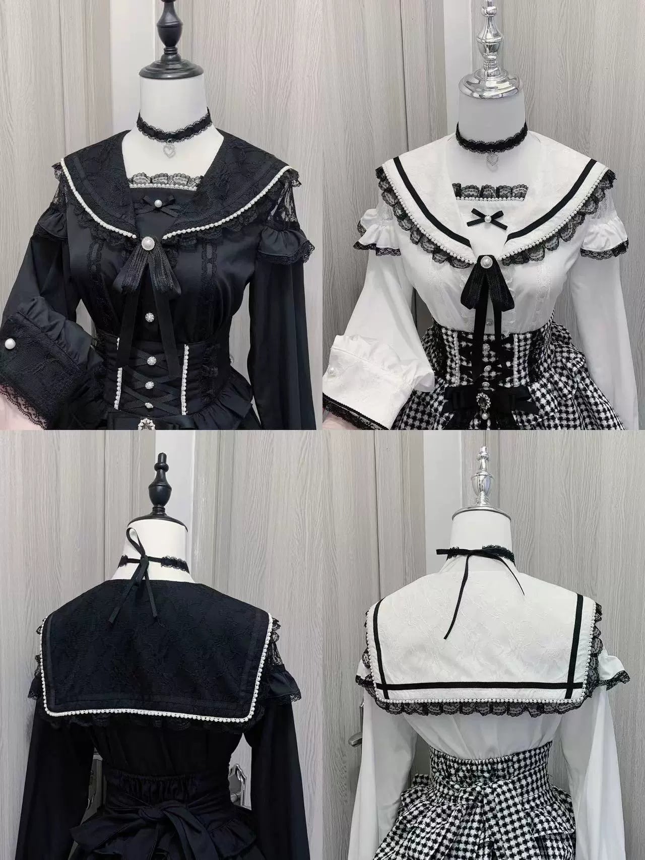 Multi-angle studio display featuring three dress forms showcasing Jirai Kei sailor collar blouses in coordinated looks, including back view details and complementary gingham skirts demonstrating complete outfit styling options