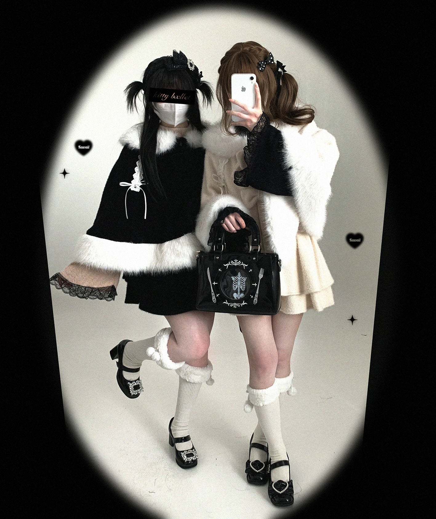 Jirai Kei bunny ear winter cape styling guide showing multiple outfit combinations with different skirts and tops