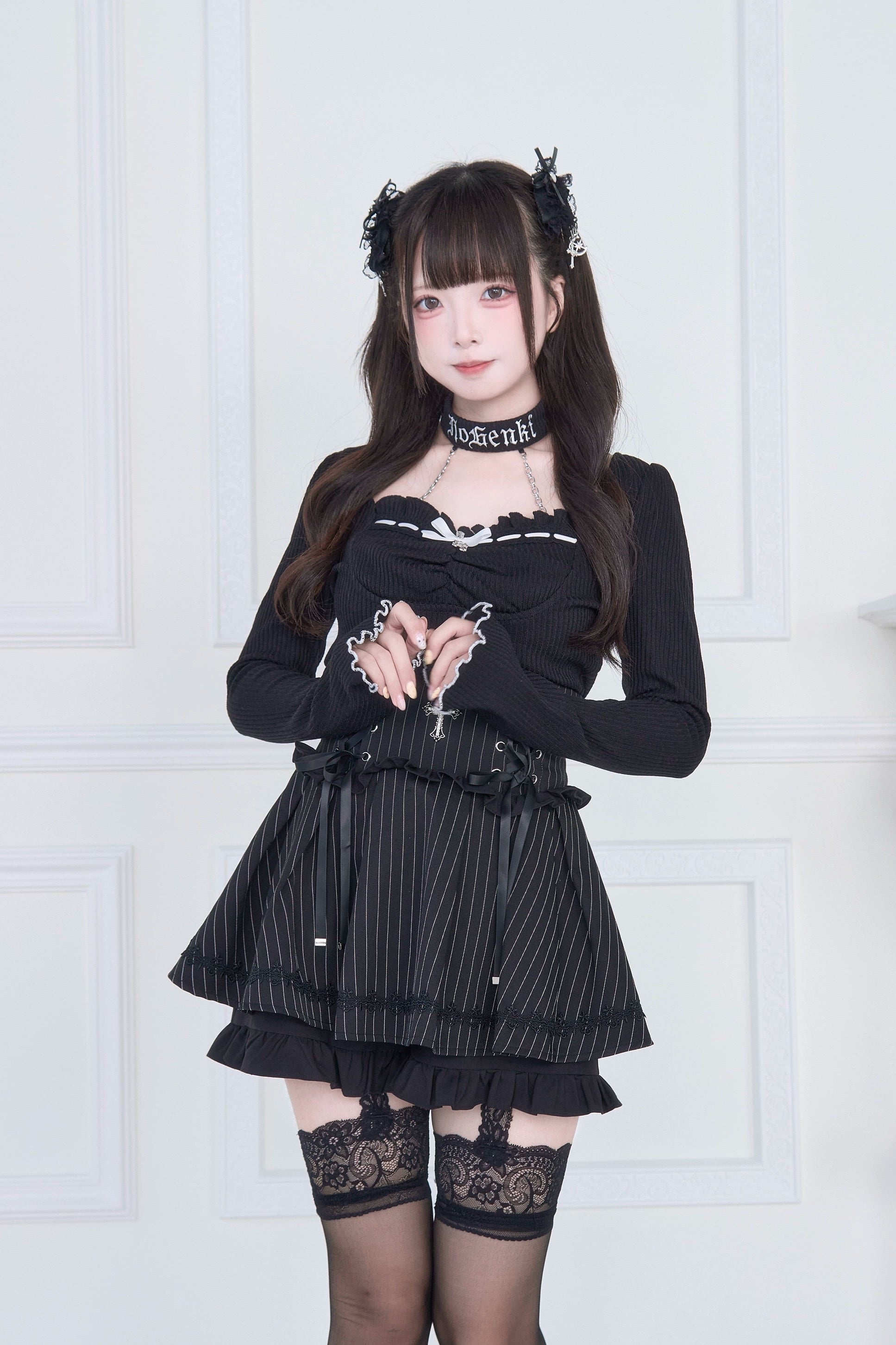 Black Jirai Kei two-piece set long sleeve square neck top pinstripe corset skirt three-quarter view