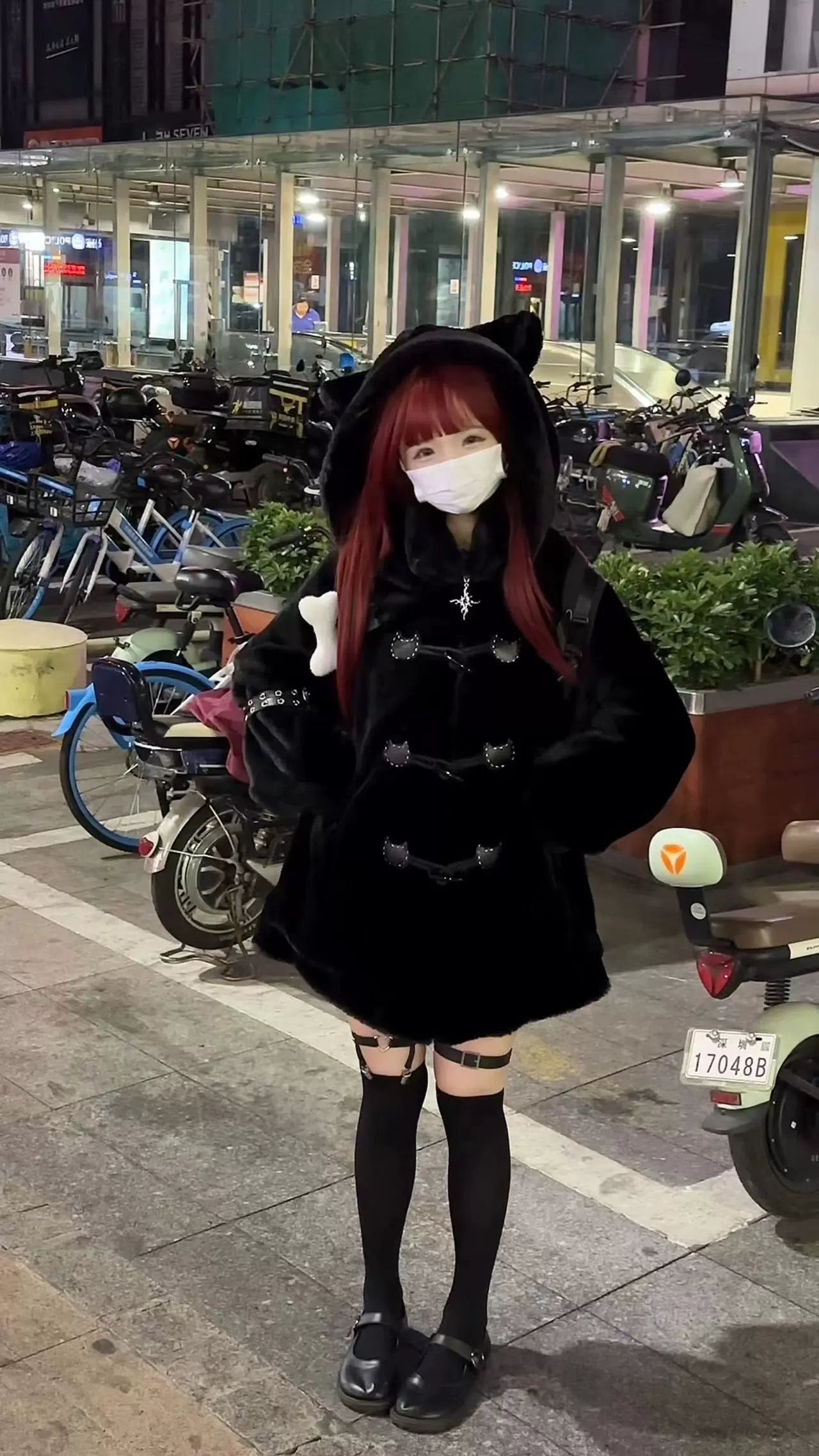 Jirai kei cat ear hooded coat close-up detail shot horn toggles cross pendant studded arm strap