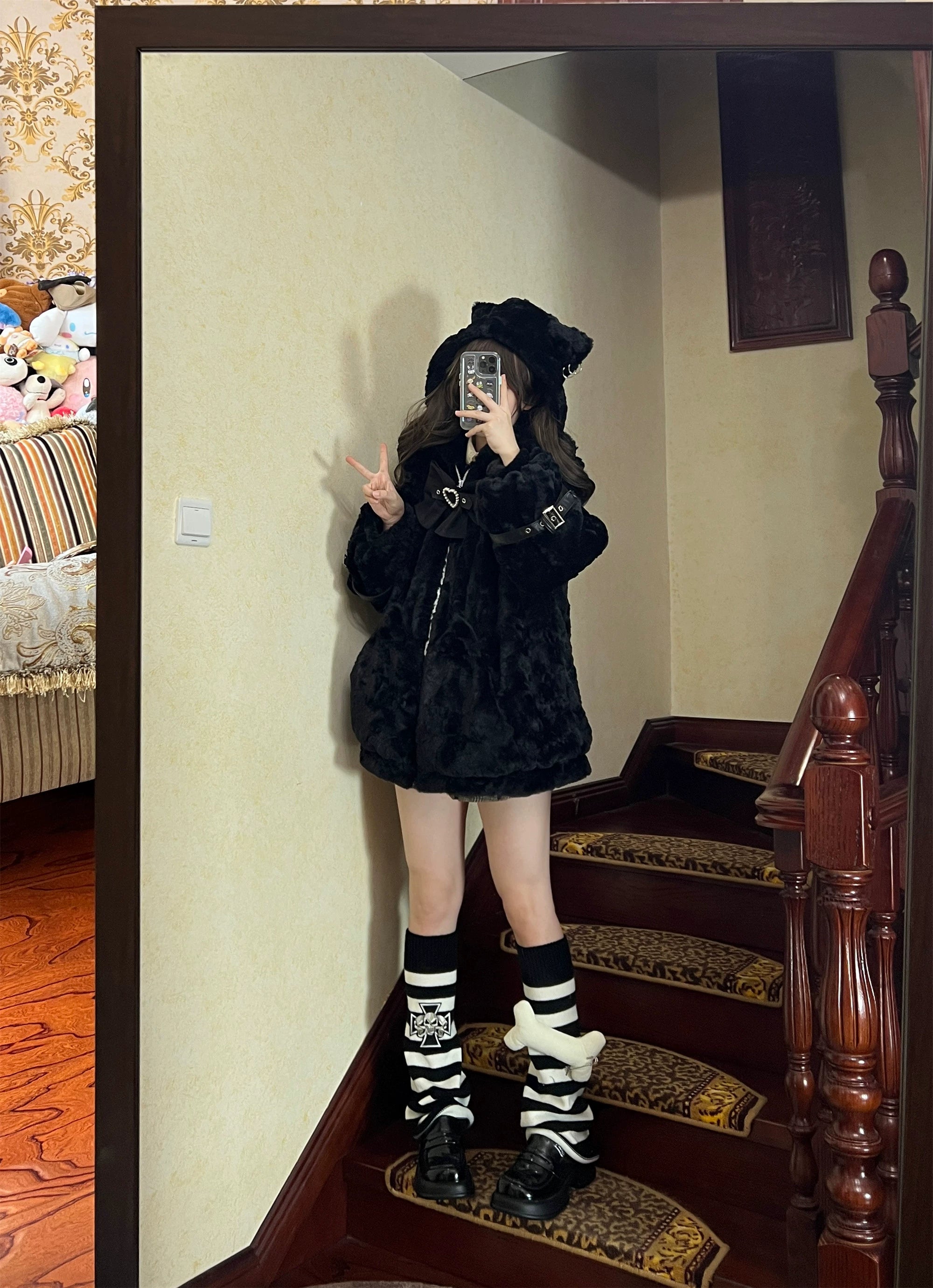 Jirai Kei cat ear fleece coat sleeve detail, showing buckle strap cuff decoration, functional buckles, and detachable accent design