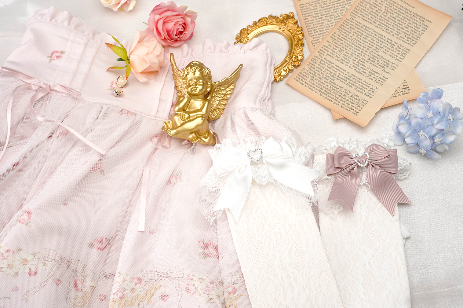 Jirai kei ankle lace socks with heart-shaped rhinestones and decorative satin bows displayed in vibrant color selection and styling options