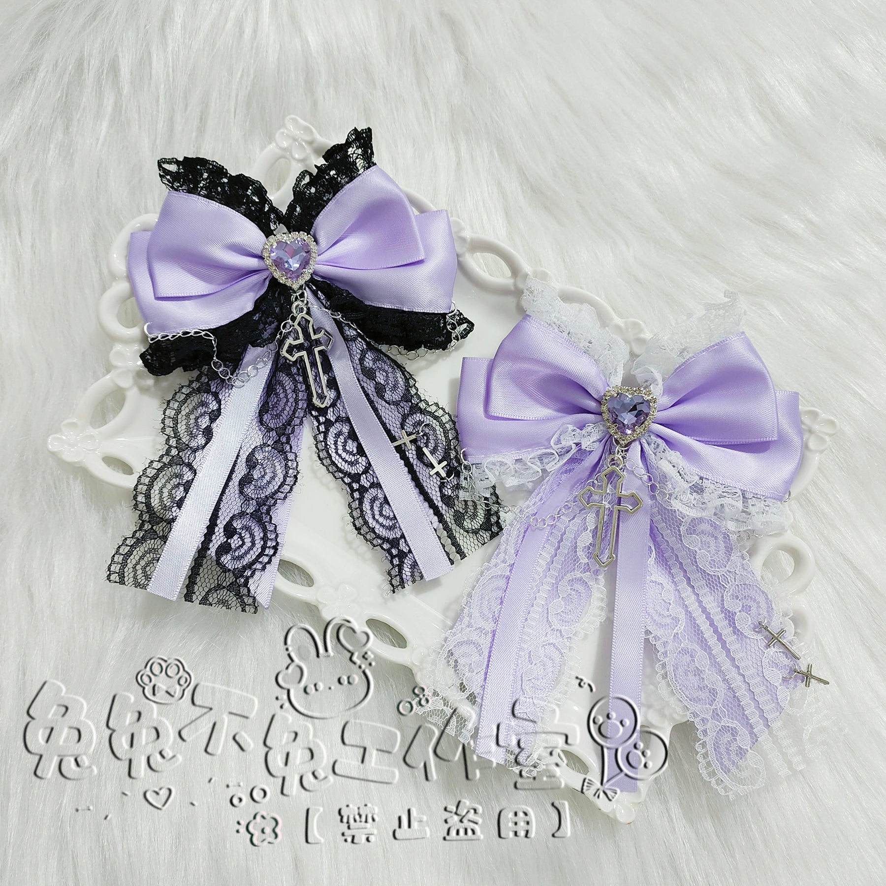 Black-purple and white-purple bow hair clips featuring lace trim, cross pendant and heart-shaped rhinestone details in signature Jirai Kei colors