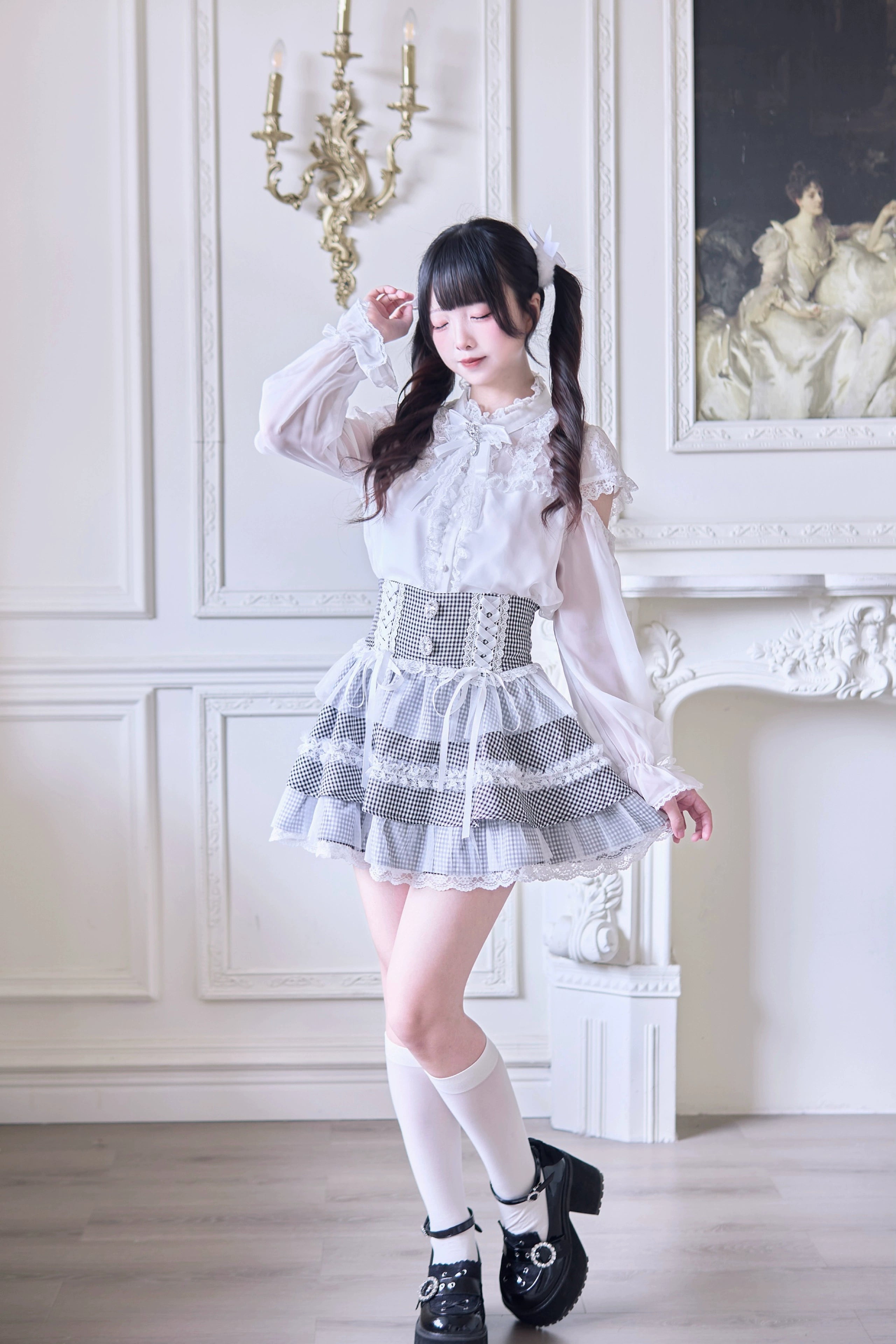 Close-up detail of pearl rhinestone embellishments and mesh hem on tiered Jirai Kei ruffle skirt