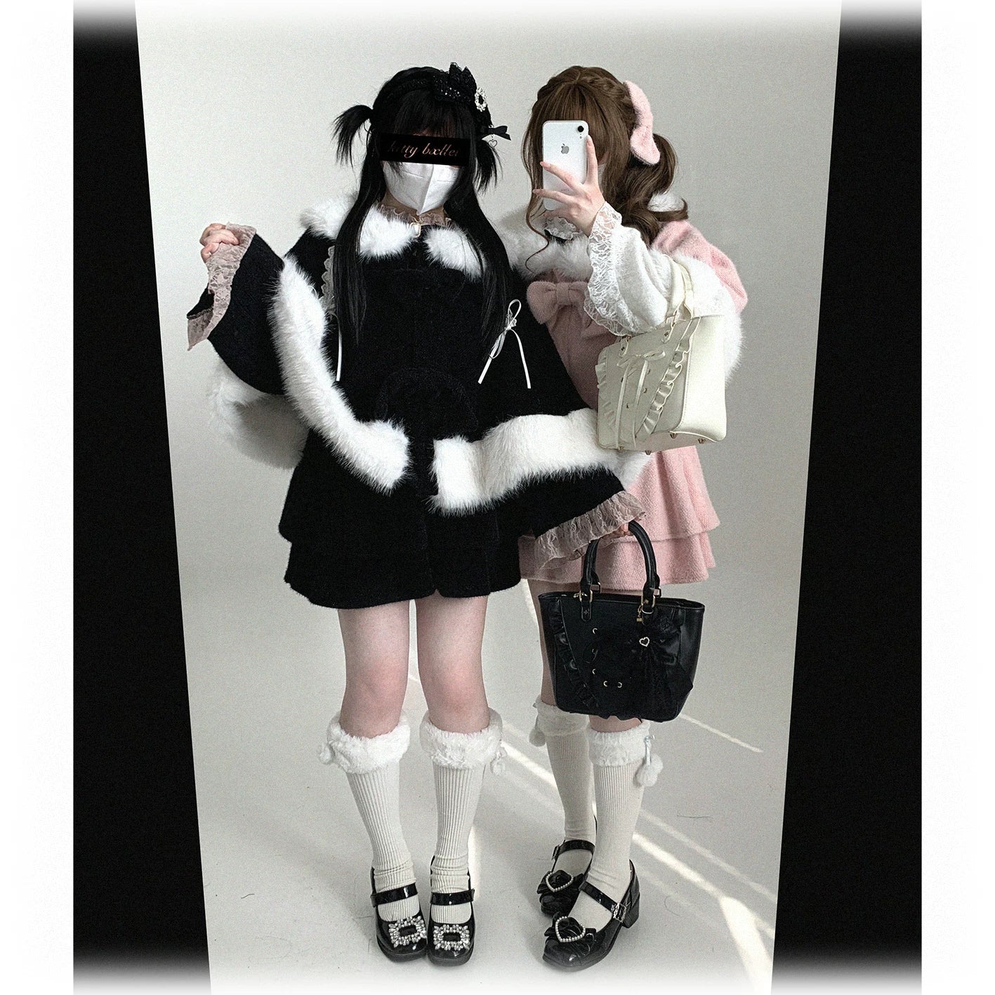 Jirai Kei bunny ear winter cape paired with band tee and modern athleisure showing contrasting fashion approach