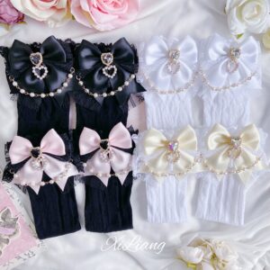 Three color Jirai Kei socks with detachable satin bow pearl chain heart rhinestone trim ruffled lace cuff flat display aesthetic fashion