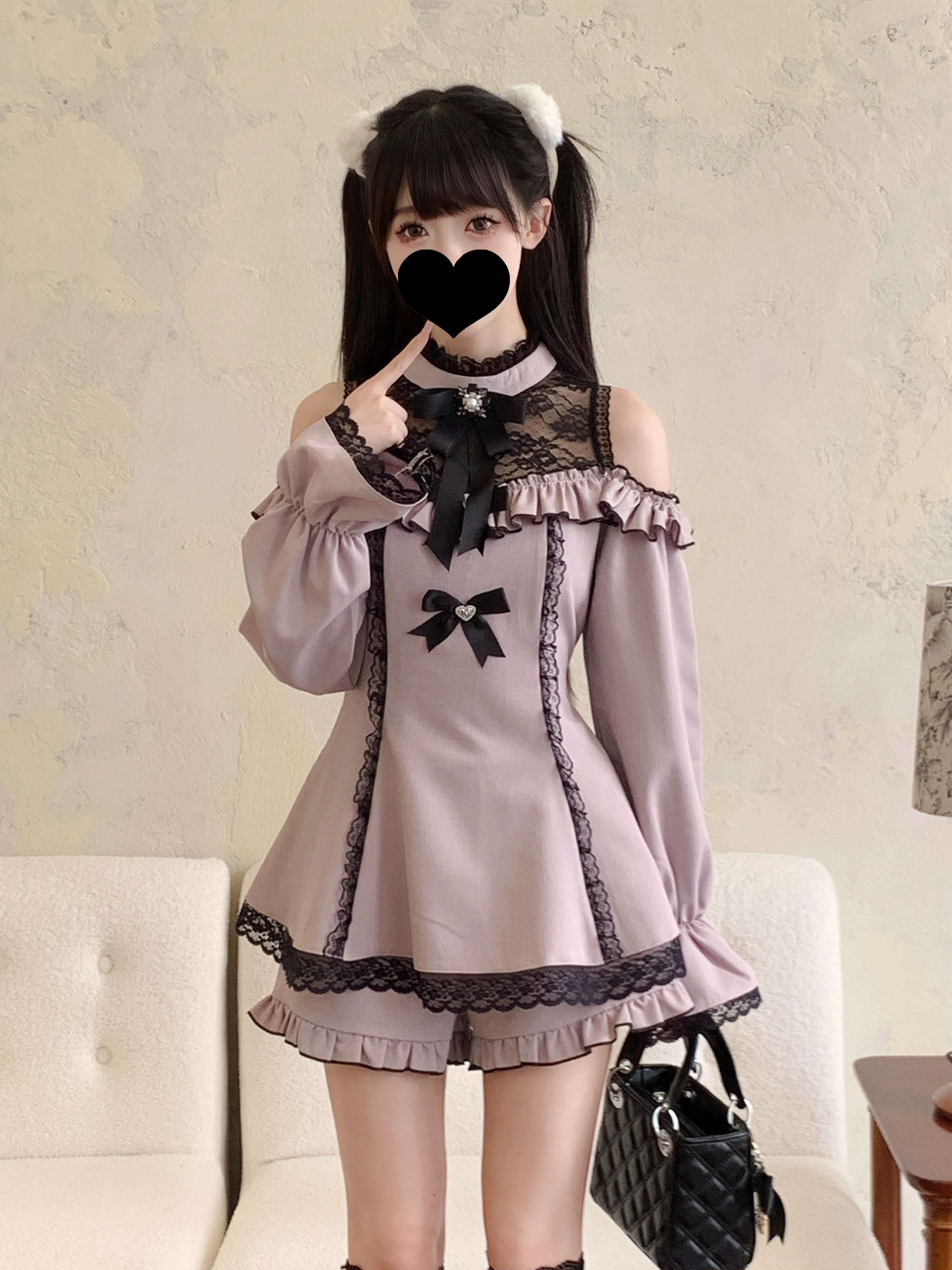 Off-shoulder Jirai Kei dress lace patchwork front panel and ruffled shorts styling photography
