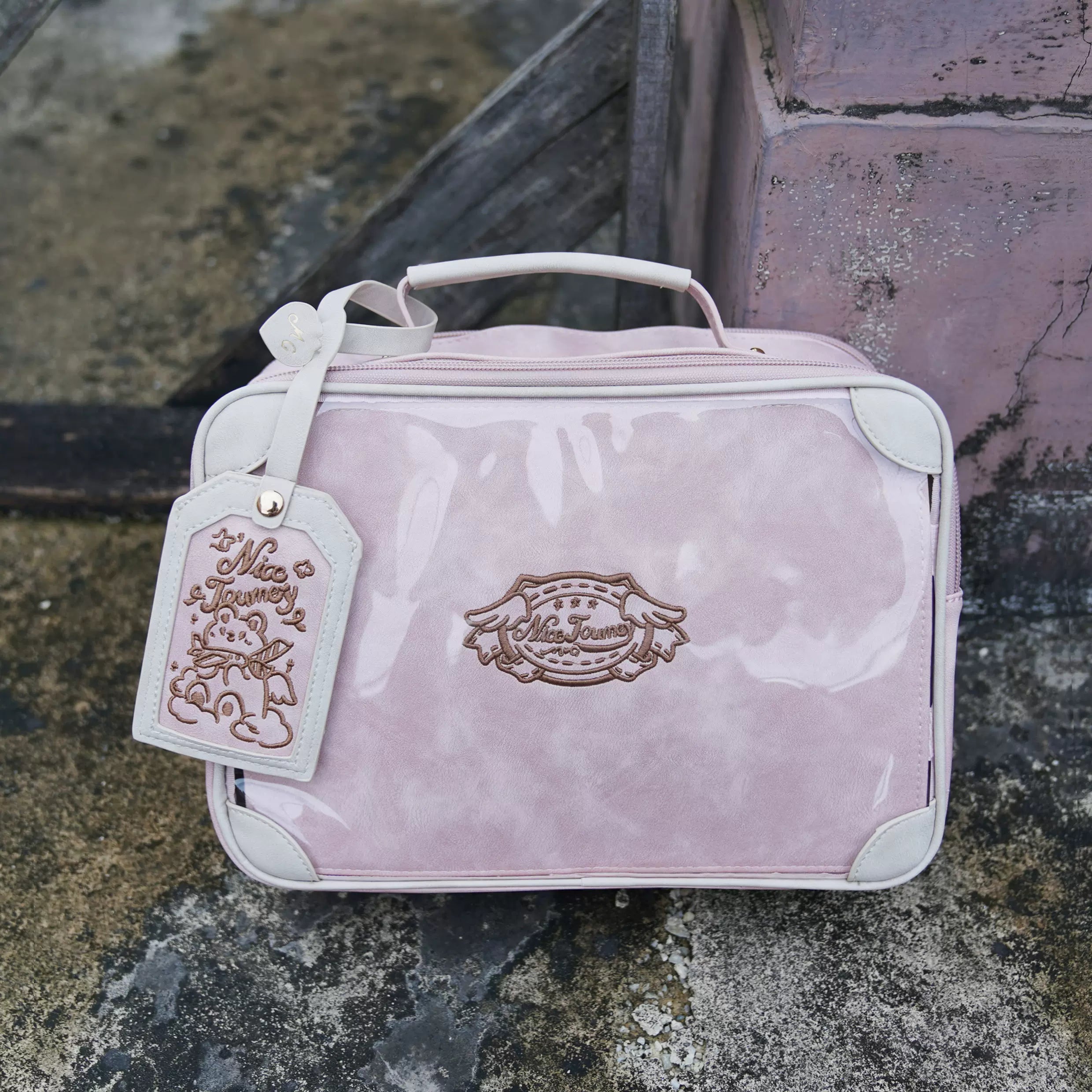 Pink white jirai kei vintage square itabag soft pastel color variant transparent anime character display beige leather trim sweet aesthetic