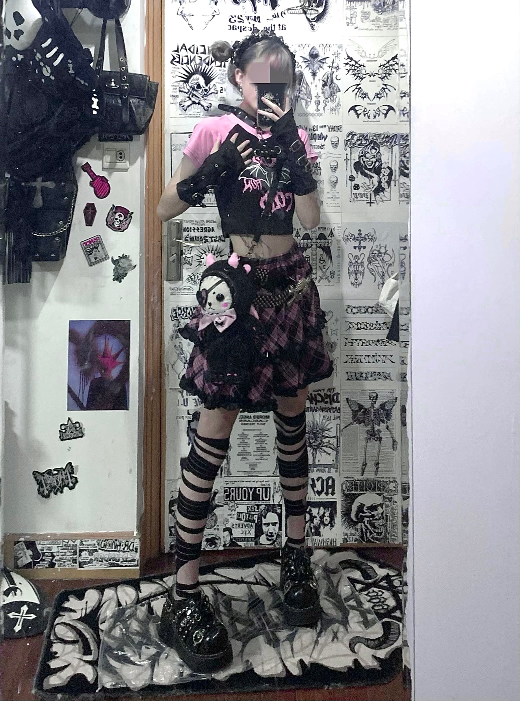 Dark pink-black plaid Jirai Kei ruffle skirt full-length mirror selfie, punk aesthetic model with striped thigh-highs, platform shoes, skull bag