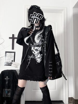 Black gothic printed long sleeve Jirai Kei tee dress with skull blue graphic print and detachable leather straps, front full-body view worn by subculture model with distressed lace hem