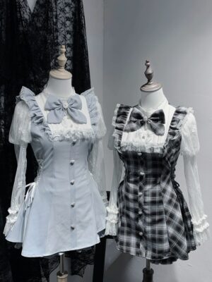 Jirai Kei style lace Julie sleeve dress with elastic shorts and detachable bow in water blue and black plaid options displayed on mannequin with ruffled collar and pearl button details
