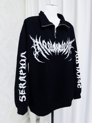 Gothic black sweatshirt quarter-zip collar detail on mannequin, displaying loose fit and long sleeve construction with white graphic elements