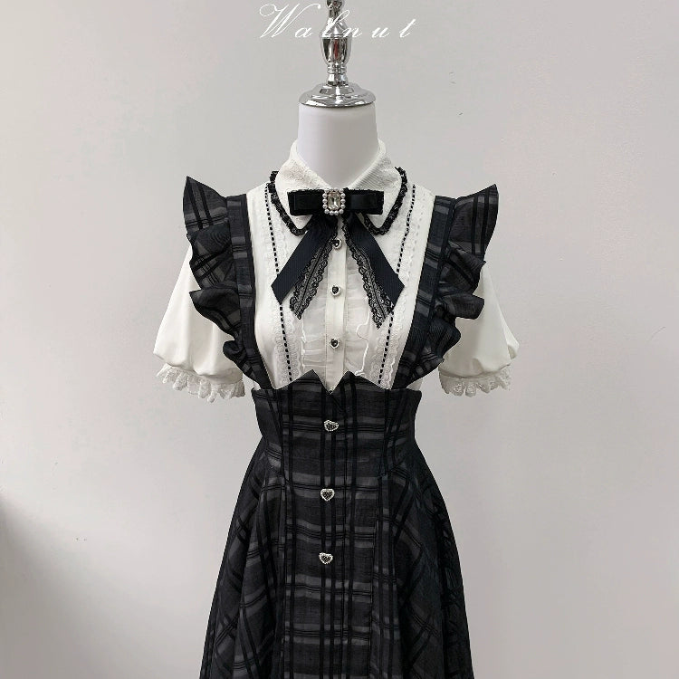 Black Plaid Jirai Kei Suspender Skirt, White Blouse - Image 21