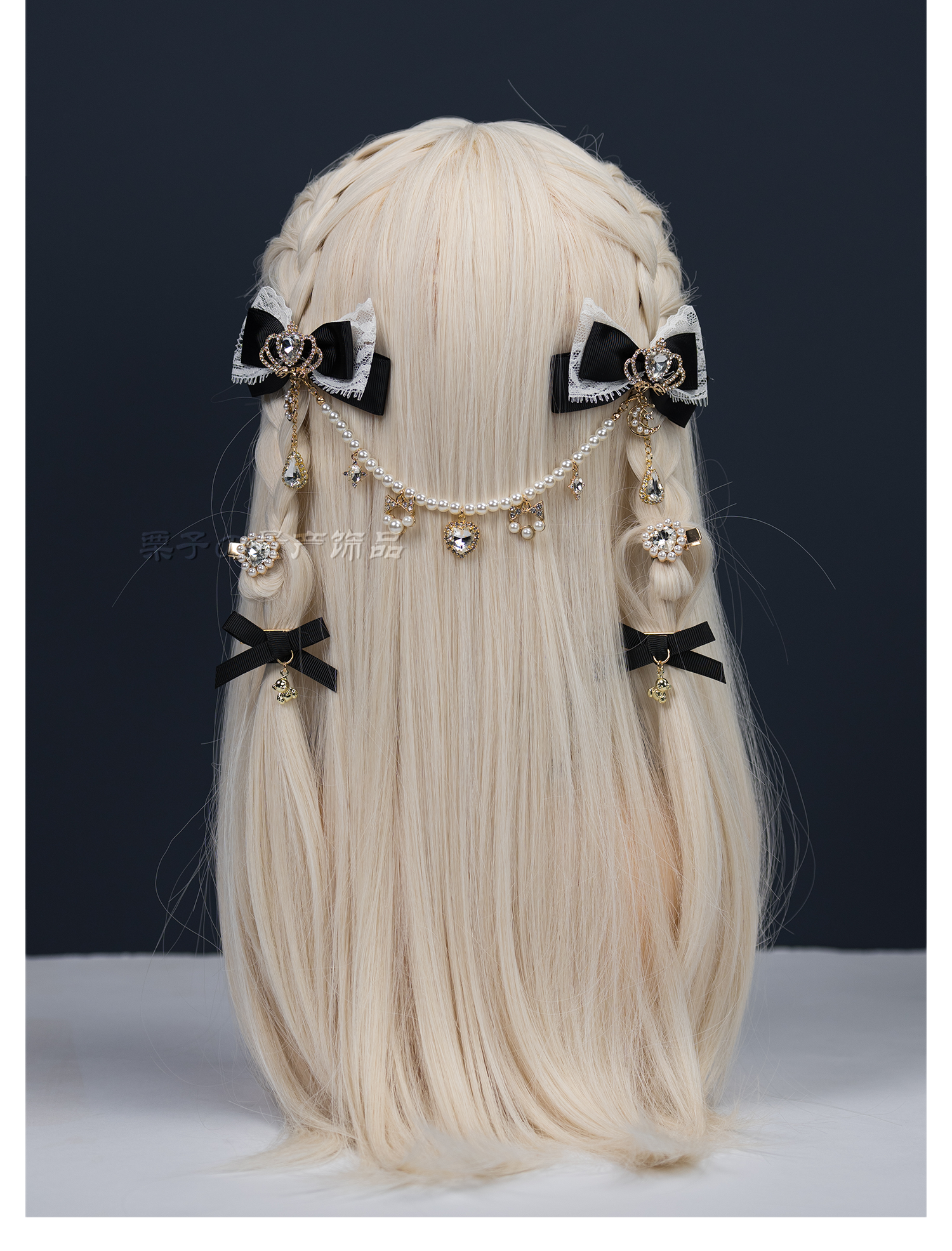 Jirai Kei bicolor bow hair clips black and white contrast styling with heart rhinestones layered effect