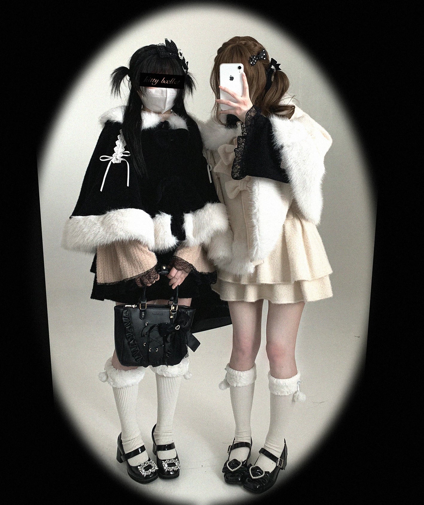 Jirai Kei bunny ear winter cape fabric close-up showing premium polyester exterior and polar fleece lining texture