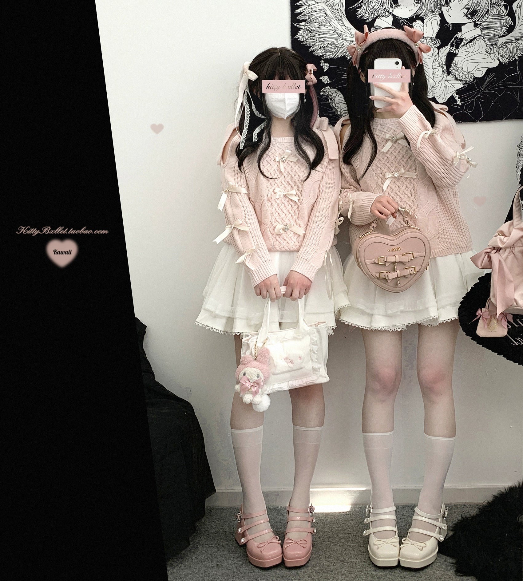 White ruffled tulle mini Jirai Kei skirt with double-layer construction worn by two girls in pink knitwear tops with floral decorated handbags and platform footwear