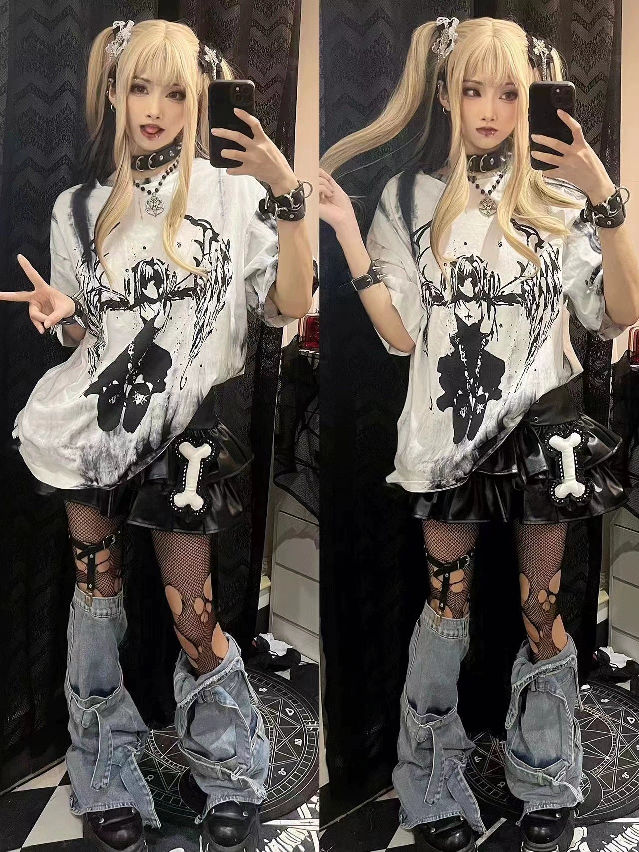 Back full-body view of celestial angel wings tie-dye gothic jirai kei unisex t-shirt with oversized relaxed silhouette