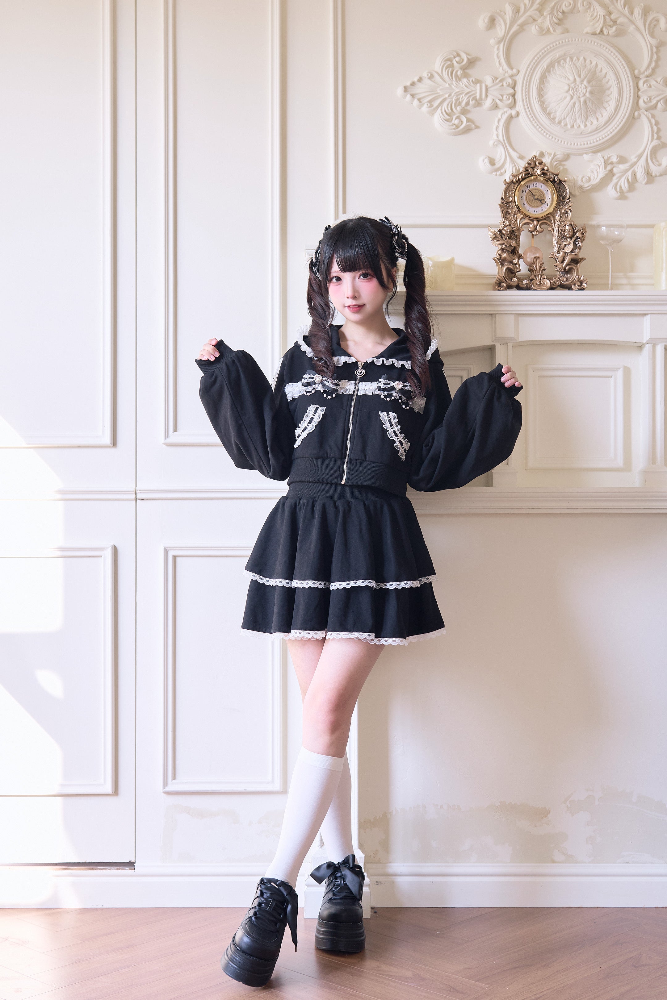 Pink Jirai Kei lace sport hoodie skirt combination front full-body view on model with twin-tails styling