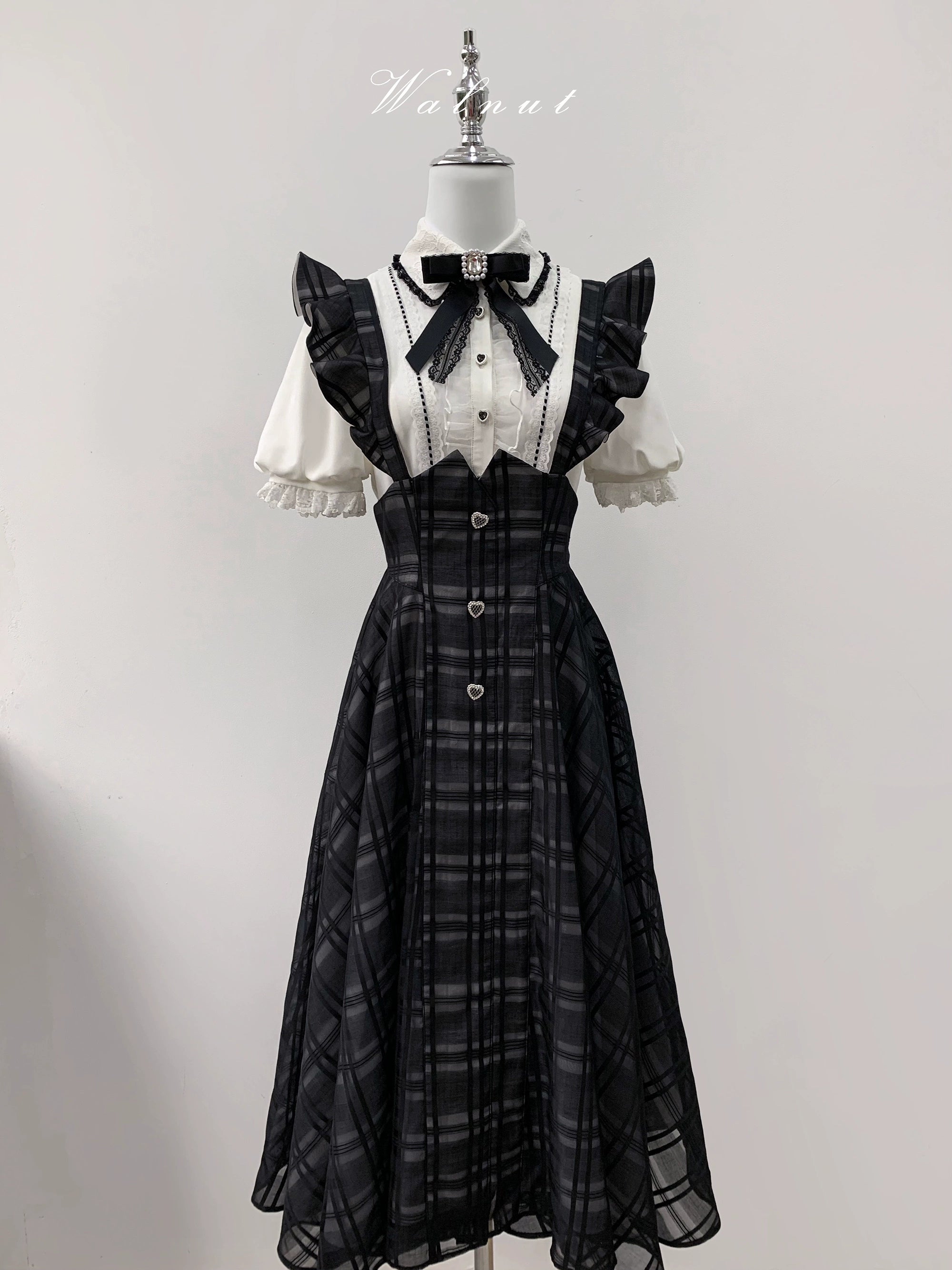 Black Plaid Jirai Kei Suspender Skirt, White Blouse - Image 20