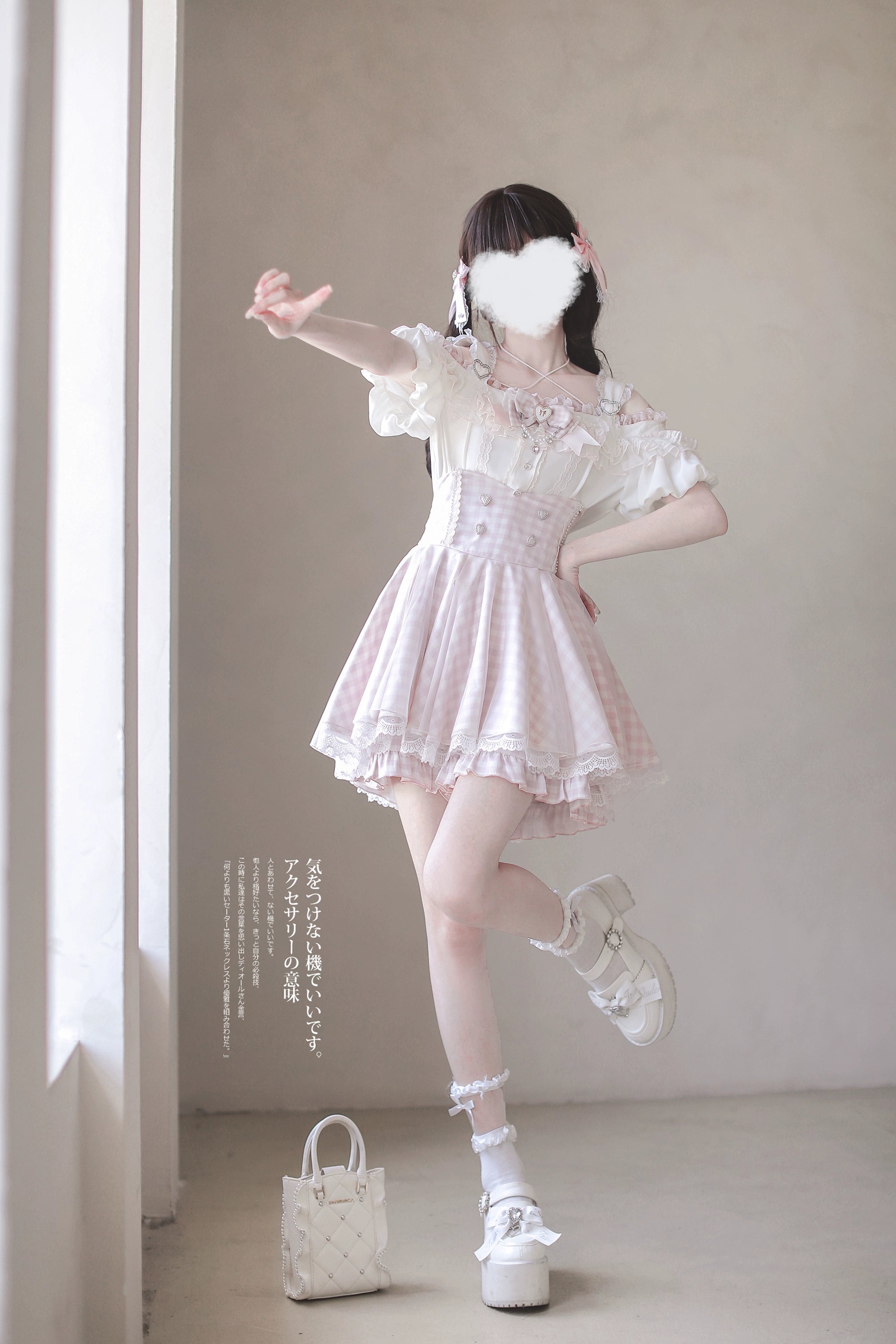 Dynamic movement shot ryousangata ensemble featuring off-shoulder ruffle blouse pink gingham layered skirt white ankle socks indoor doorway Jirai Kei fashion photography