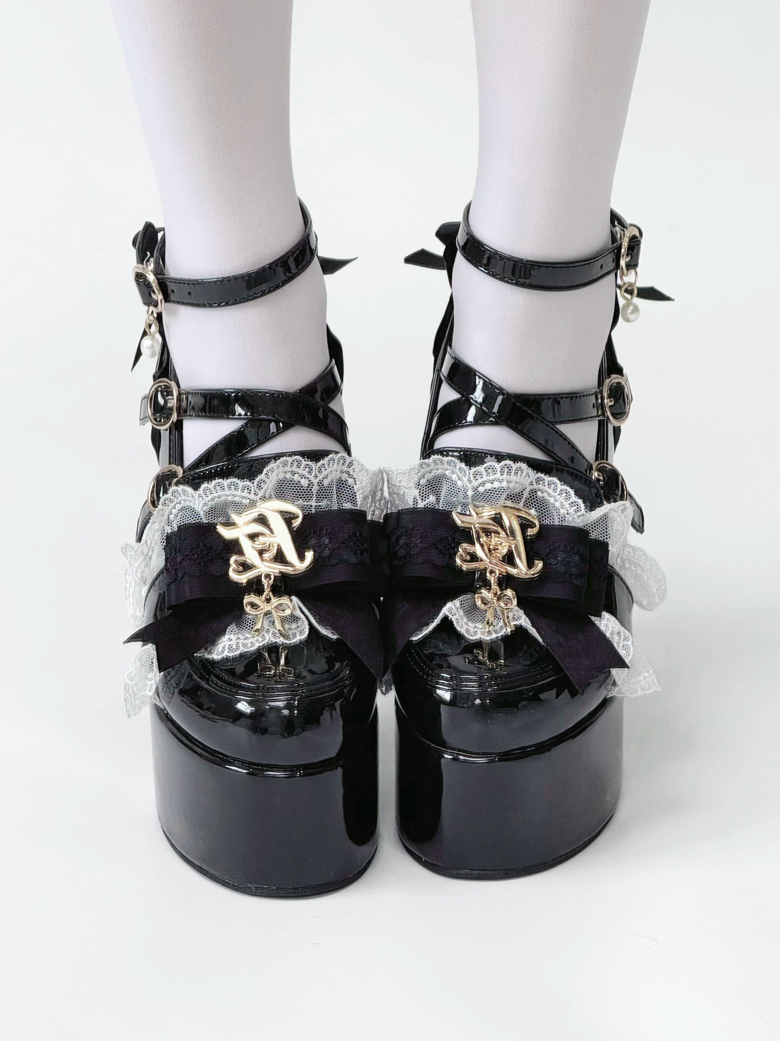 Jirai Kei platform heel worn lifestyle shot showing authentic outfit coordination with Lolita dress elements ruffled socks and subcultural fashion styling context