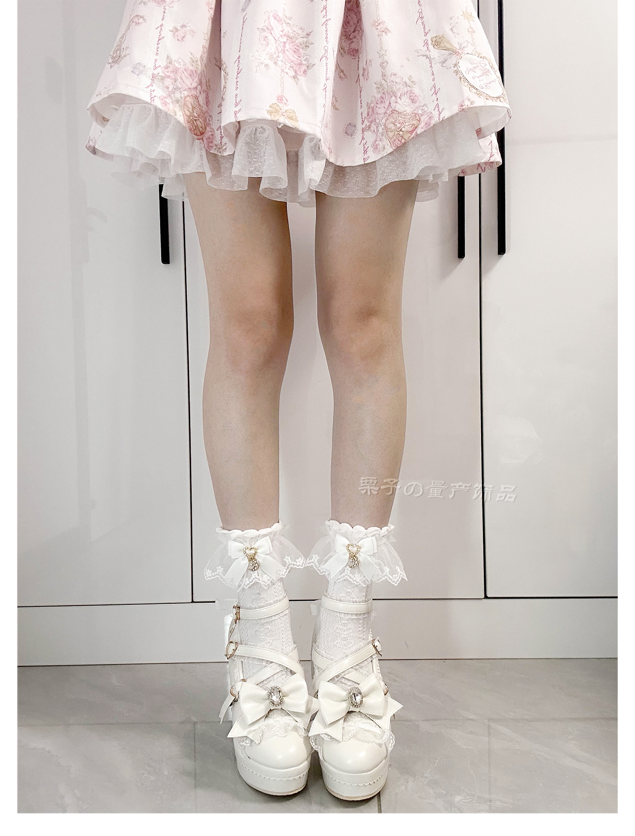 Jirai Kei lace ankle socks comparison showing all available colors with moon charm bows: black, navy, gray pink, light pink, white