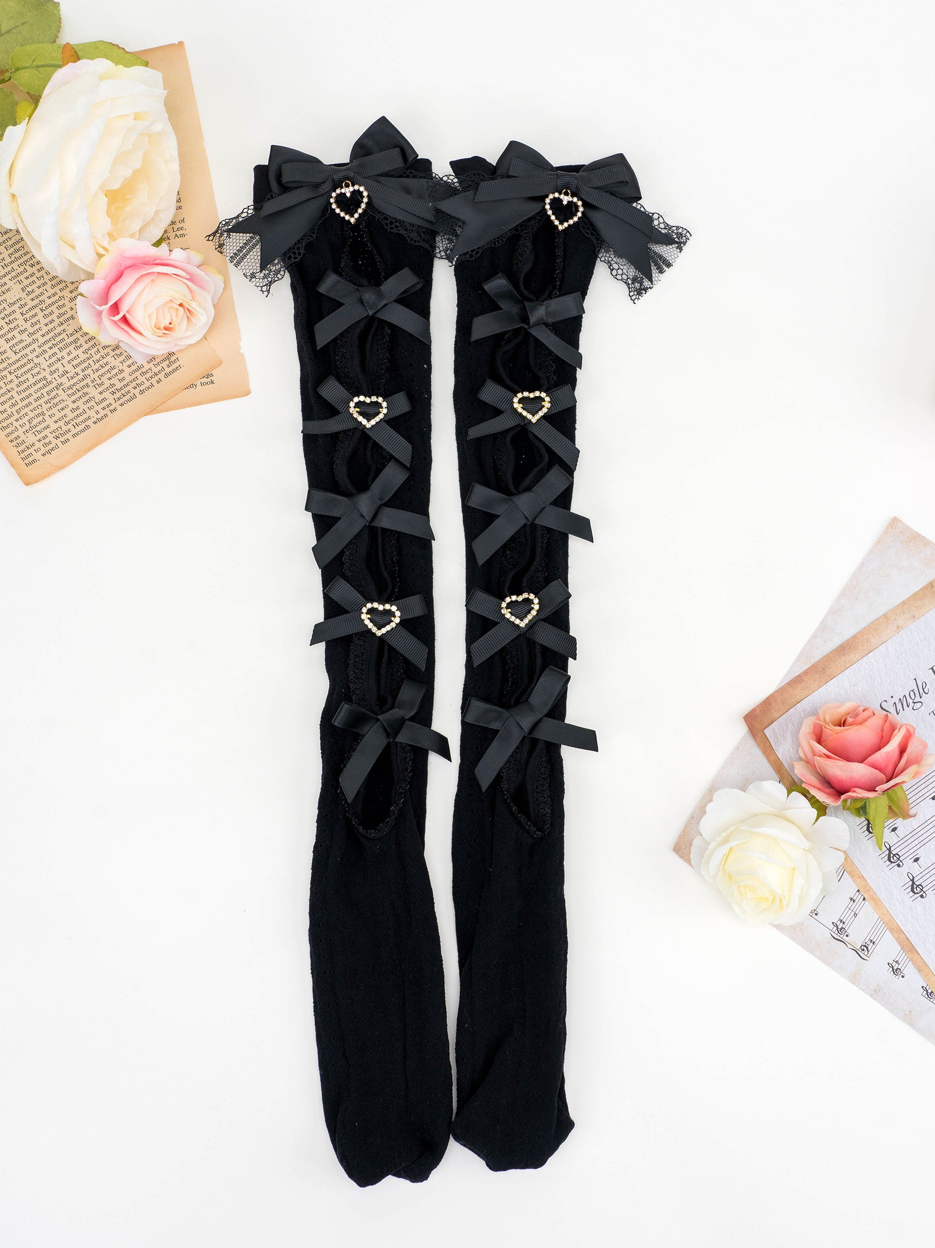 Pure black Jirai Kei lace bow mid-calf socks variant sophisticated styling with platform shoes black ribbon accents