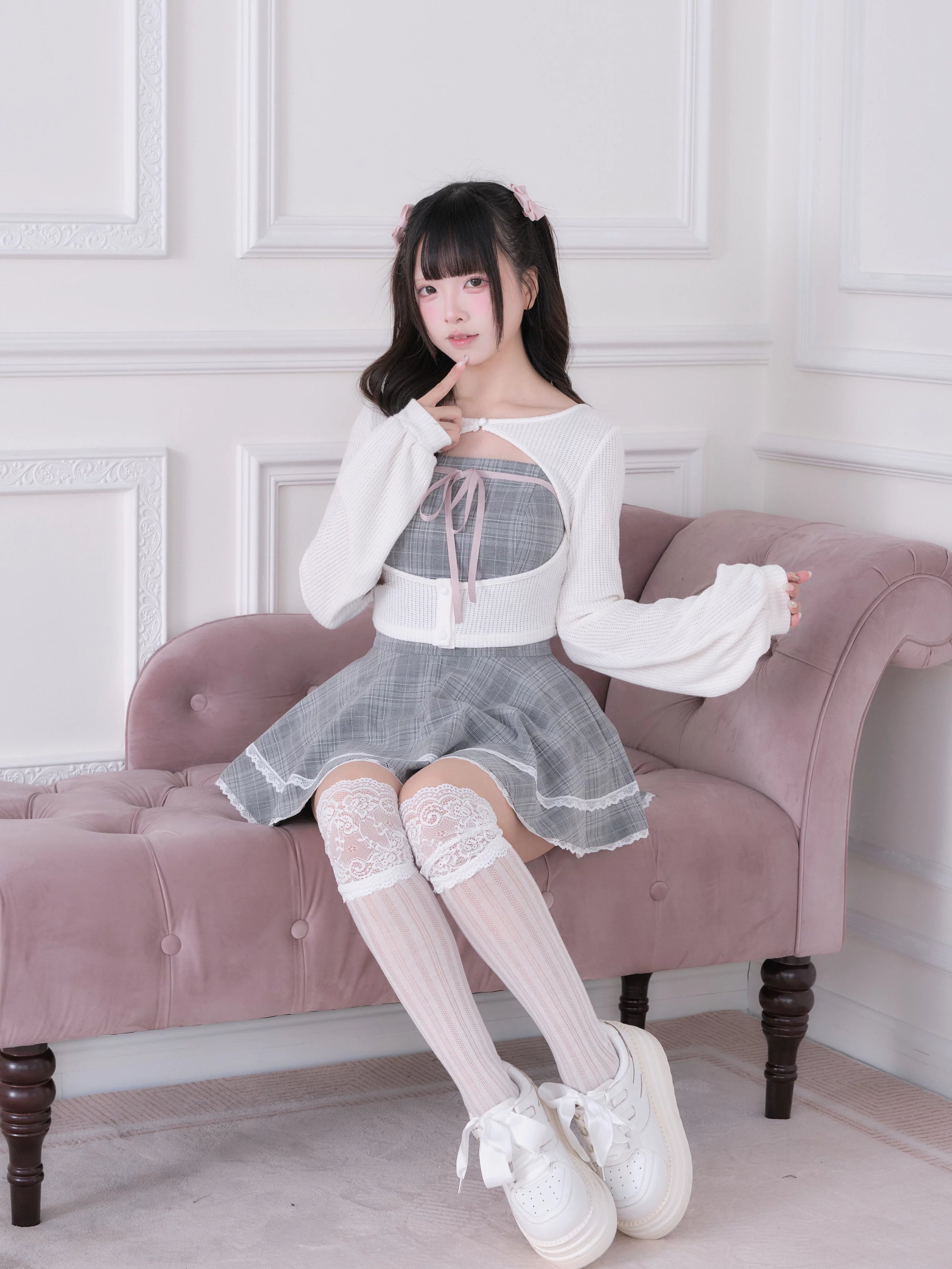 Ryousangata dress full-length view - adjustable straps, front bow detail, A-line hem, grey plaid sweet lolita design